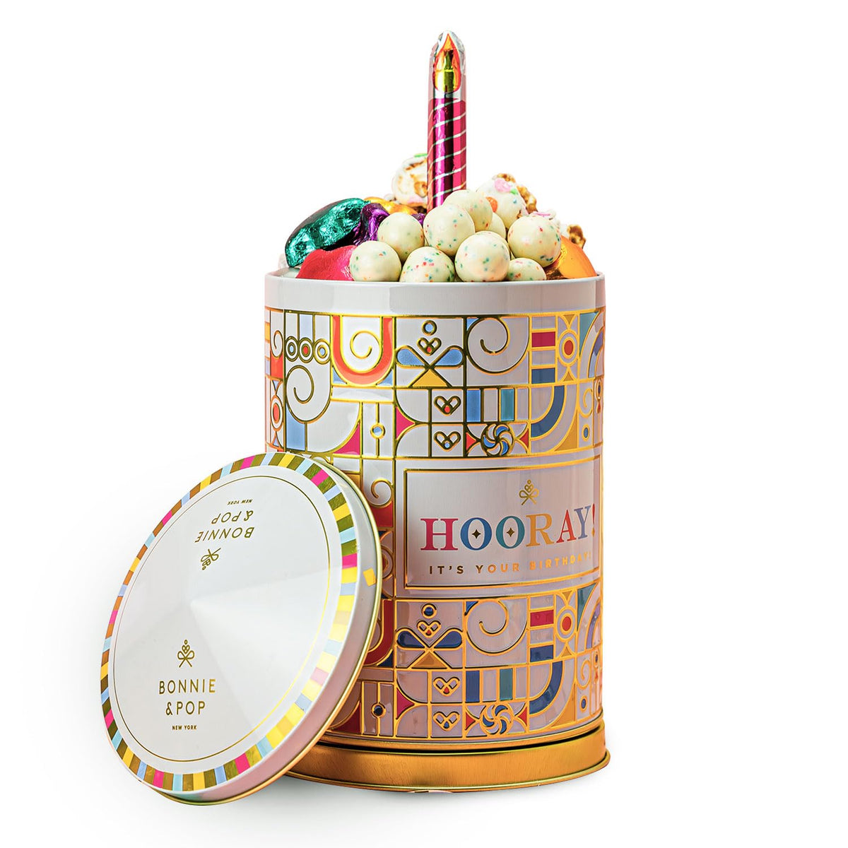 Birthday Gift Basket | Popcorn, Sweets, Candy, Cake Flavors | Tin Spins, Plays Music Happy Birthday | Bonnie and Pop