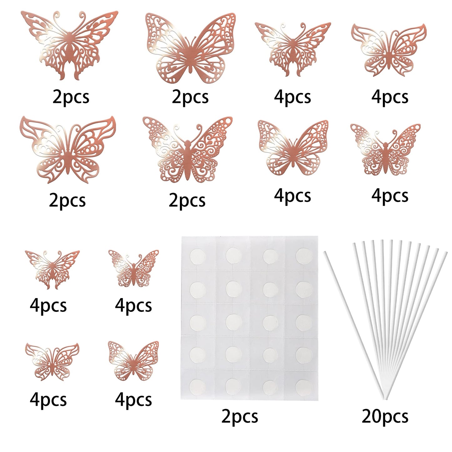 YCTHUNFISH 40 Pack 3D Cake Toppers - Mixed Styles Hollow Butterfly Picks - Paper - 4.4, 3.3, 2.7 - Rose