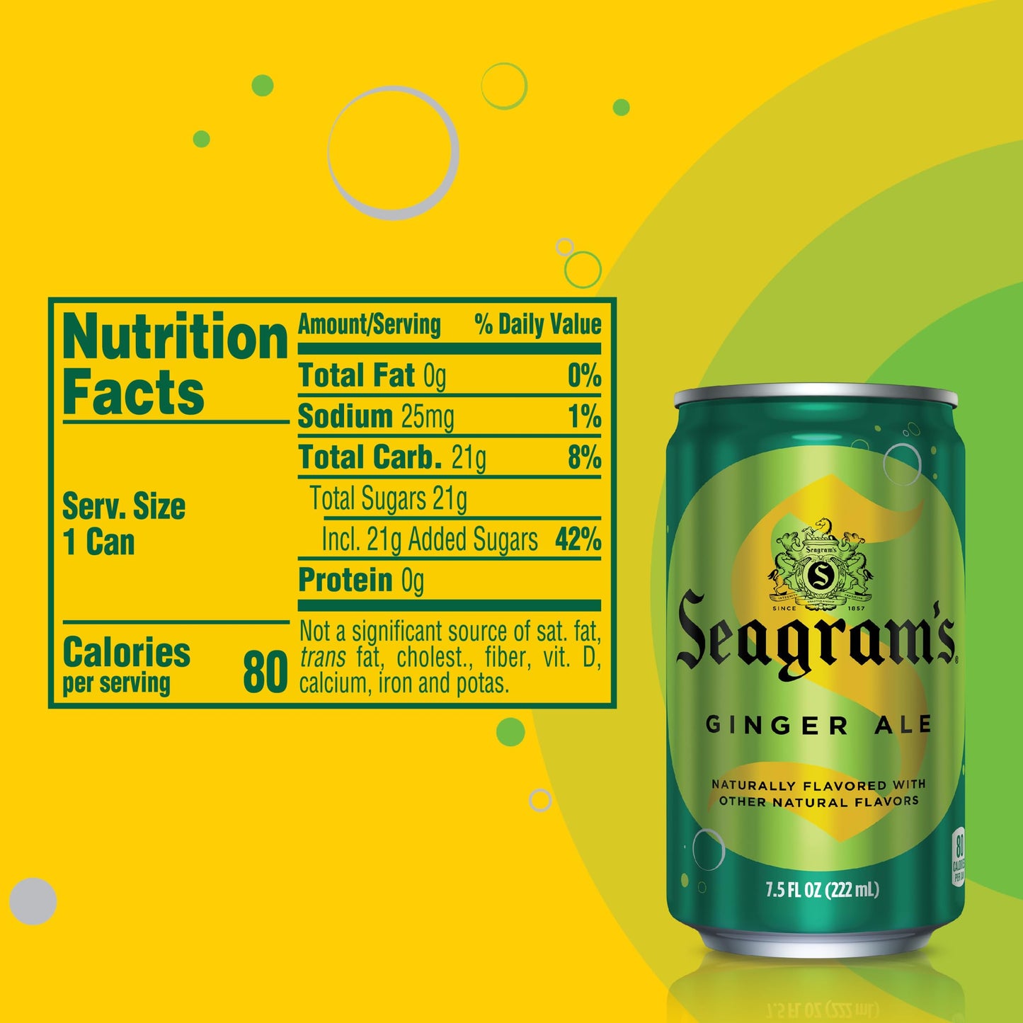 Seagrams Ginger Ale Soda Soft Drinks, 7.5 fl oz, 10 Pack, Gold