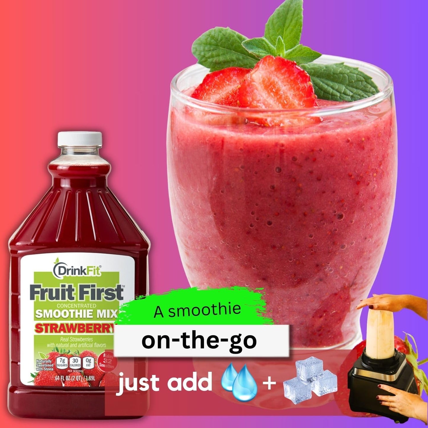 DrinkFit Fruit Smoothie | Real Fruit Puree, Low Sugar, Gluten-Free & Non-GMO, Strawberry Smoothie Mix - Makes 32 Smoothies, 64 F