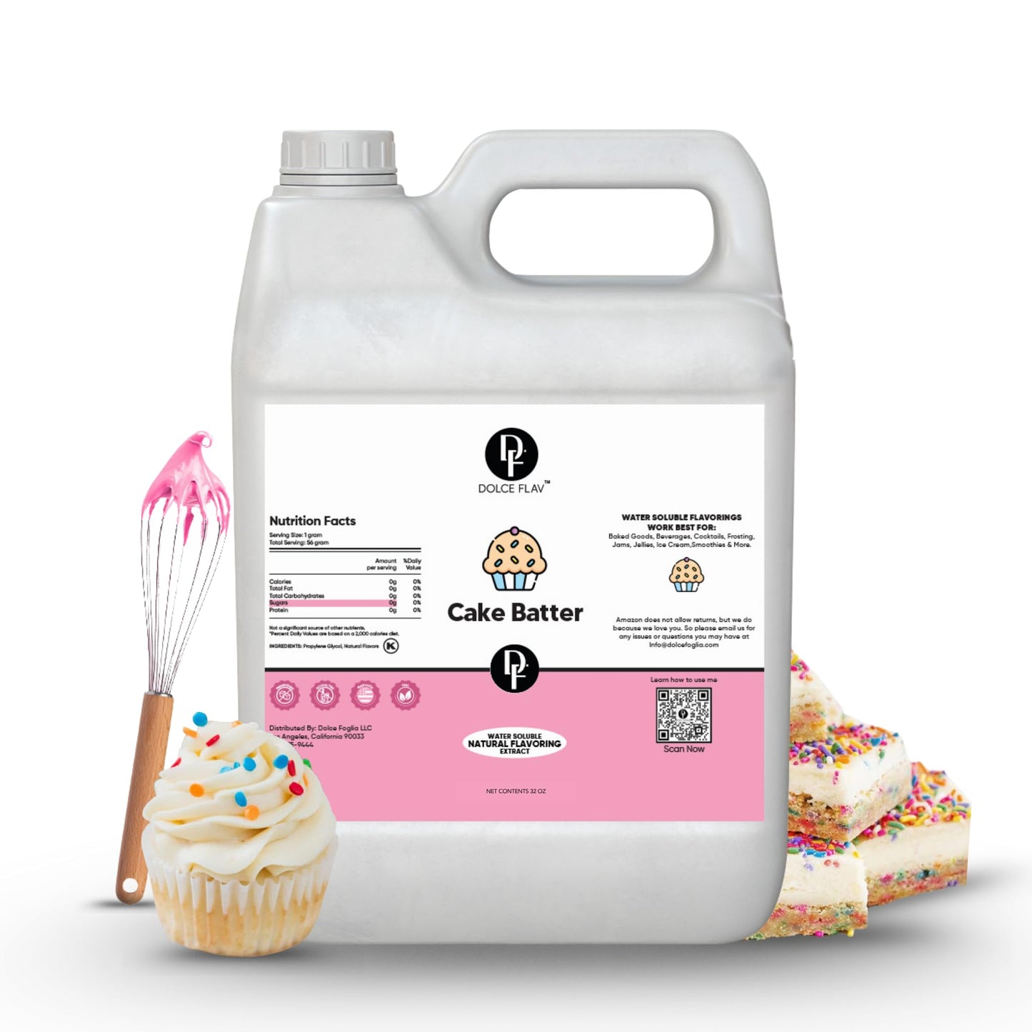 Dolce Flav Cake Batter Flavoring - 32 Ounce Water-Soluble Kosher  Sugar-Free  Concentrated Birthday Cake Flavor For Frosting  Cupcakes & Ice Cream