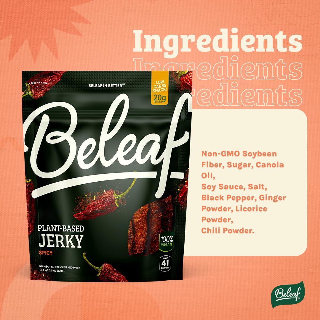 BE LEAF Spicy Plant-Based Jerky - High-Protein Vegan Snack, 3.5 Ounce Pack