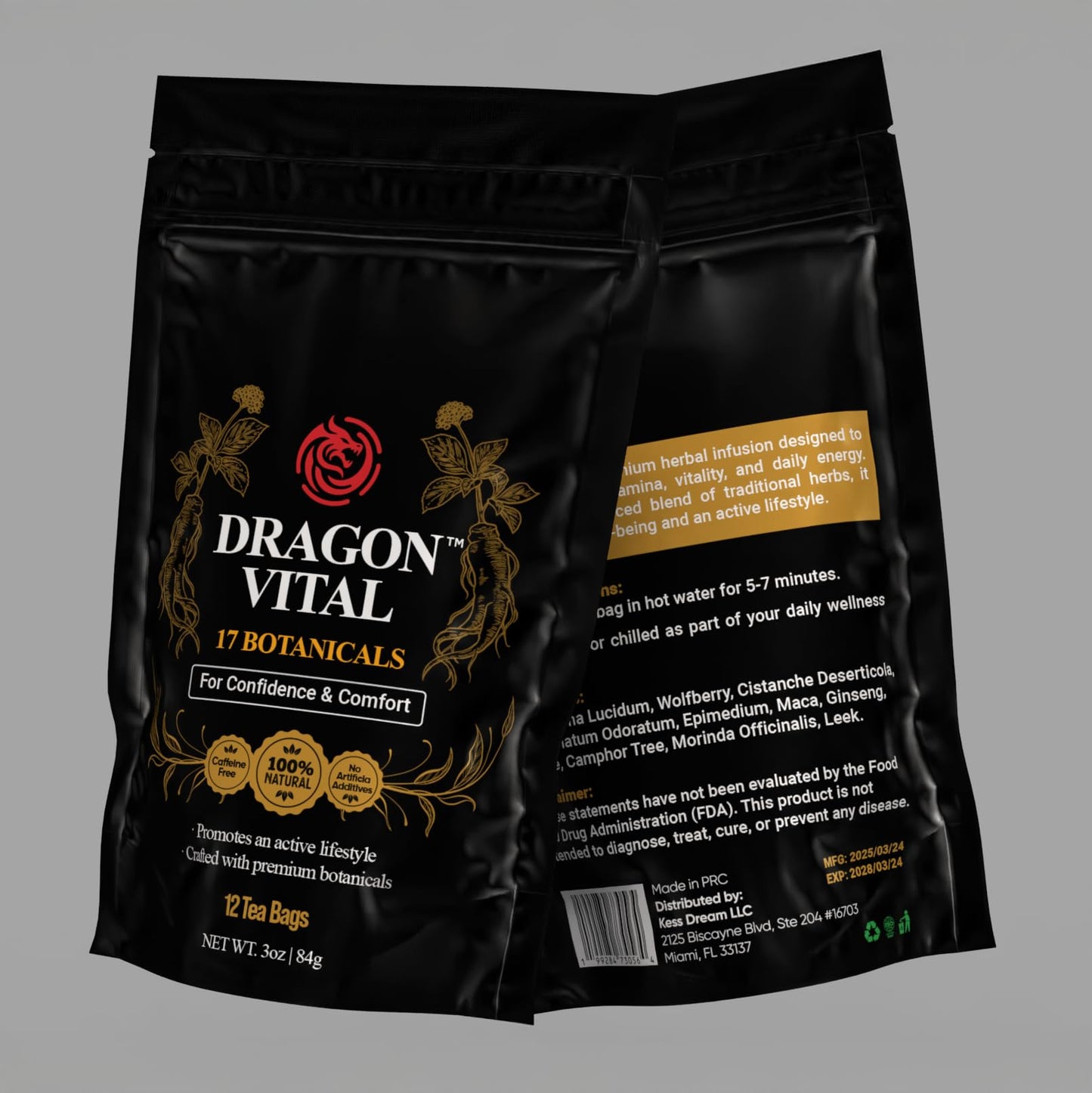 Dragon Vital Herbal Tea with Ginseng & Maca - Natural Energy Support | Caffeine-Free Botanical Blend for Vitality & Active Living | All natural - NON-GMO & No Preservatives |12 Tea Bags | by Robutop