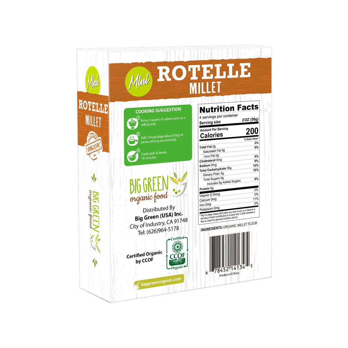 Big Green Organic Food Organic Mini Millet Rotelle Pasta, Gluten-Free, Vegan, 8.8 oz Box