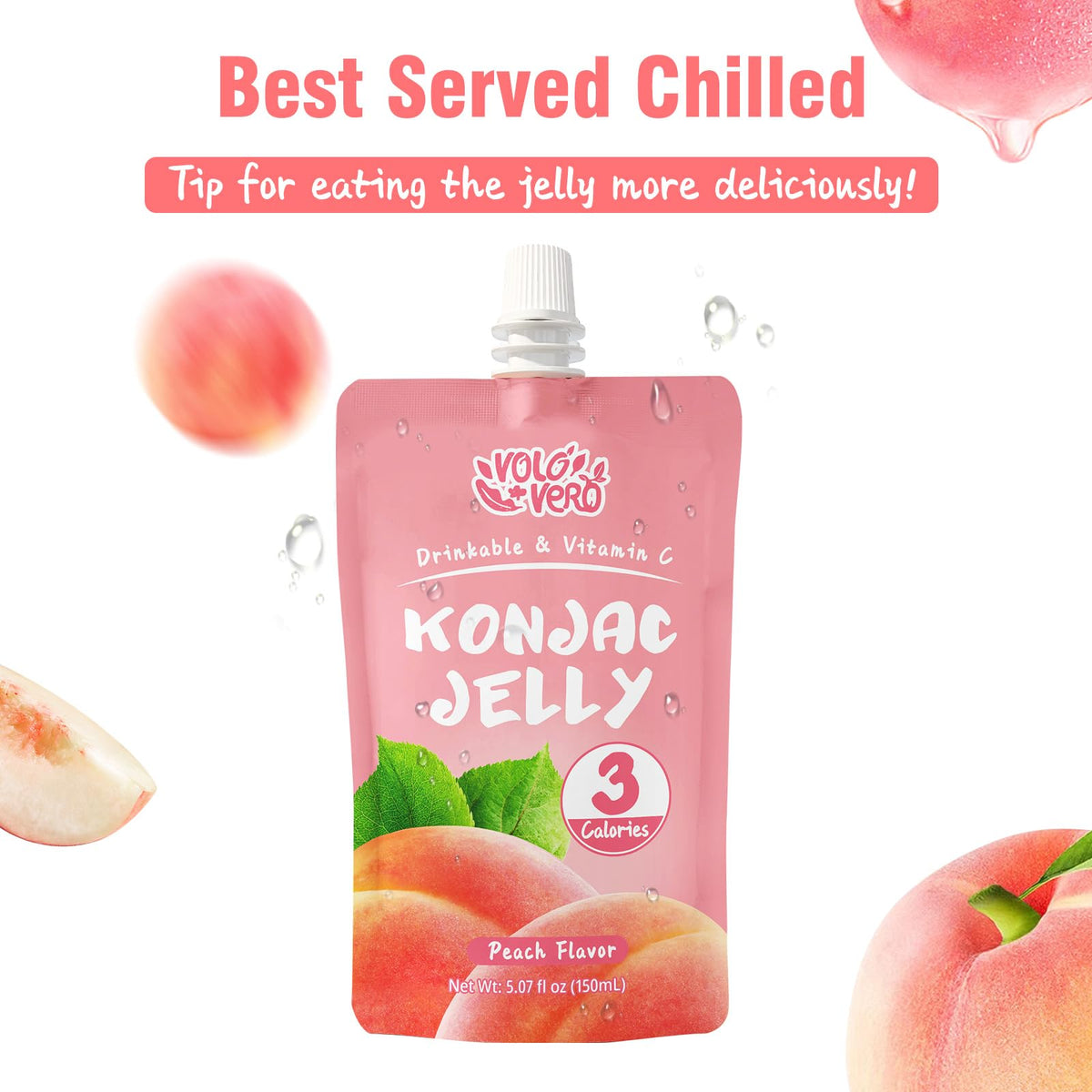 VOLO VERO Konjac Jelly Squeeze Pouch Peach Flavor, Low Calories (3 Kcal), 10 Packs, Gluten Free & Vegan, 0 Sugar, Keto, Low Carb