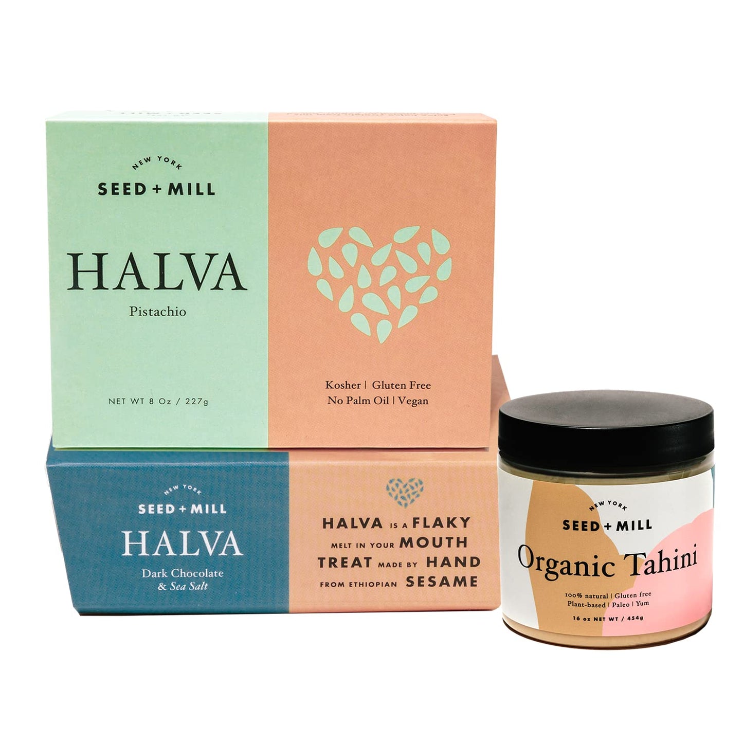 Seed + Mill - Tahini Sauce - Halva Dessert & Tahini Sampler (Sea Salt Dark Chocolate Halva Candy, Pistachio Halva Candy, Organic