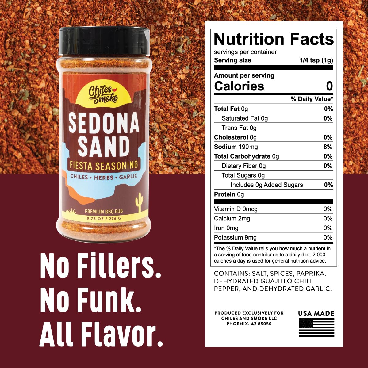 Chiles And Smoke - Sedona Sand Fiesta Seasoning For Chicken Thighs, Meats, Seafood & More, Medium Hot Taco Seasoning With Spices, Sugar-Free Cooking Grilling Gifts, No Dairy, Gluten & Msg, 276 G