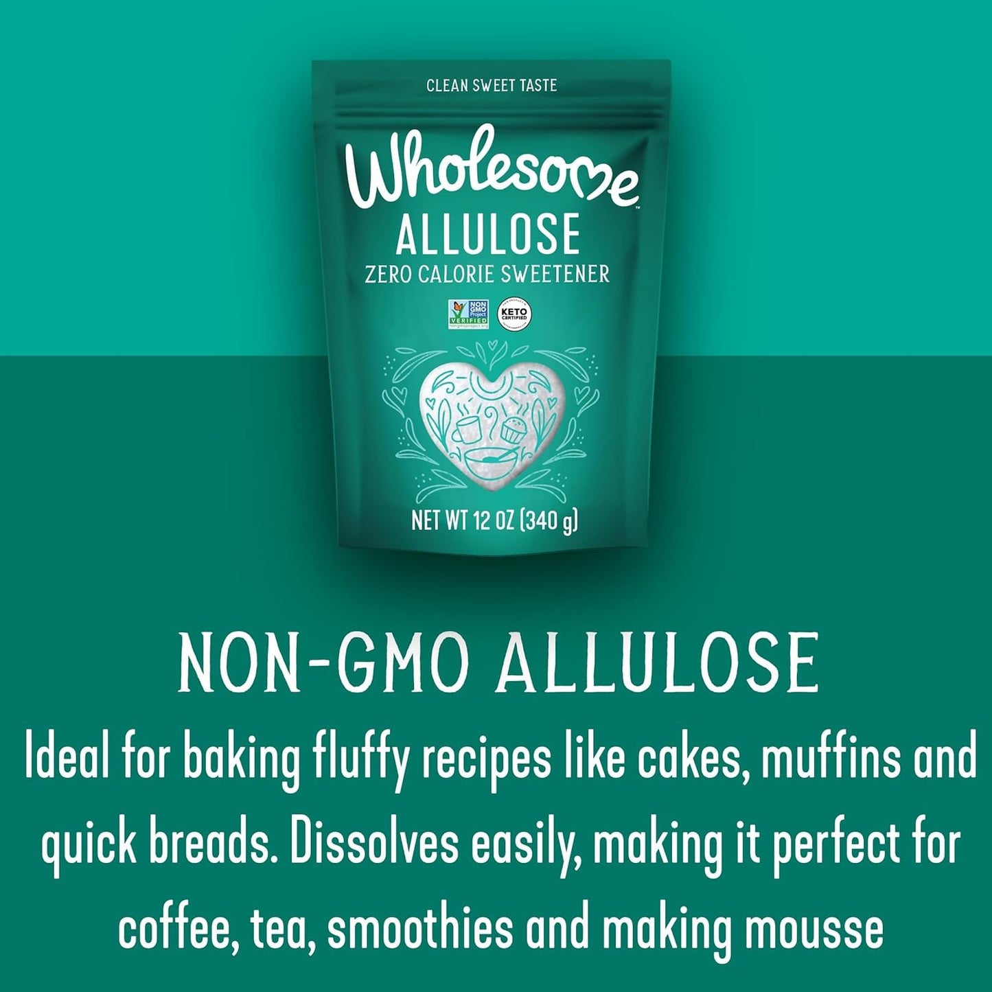 Wholesome Allulose Sweetener, Zero Calorie Granulated Sugar Substitute, 12 Ounce (Pack of 2), Non GMO, Gluten Free, Vegan