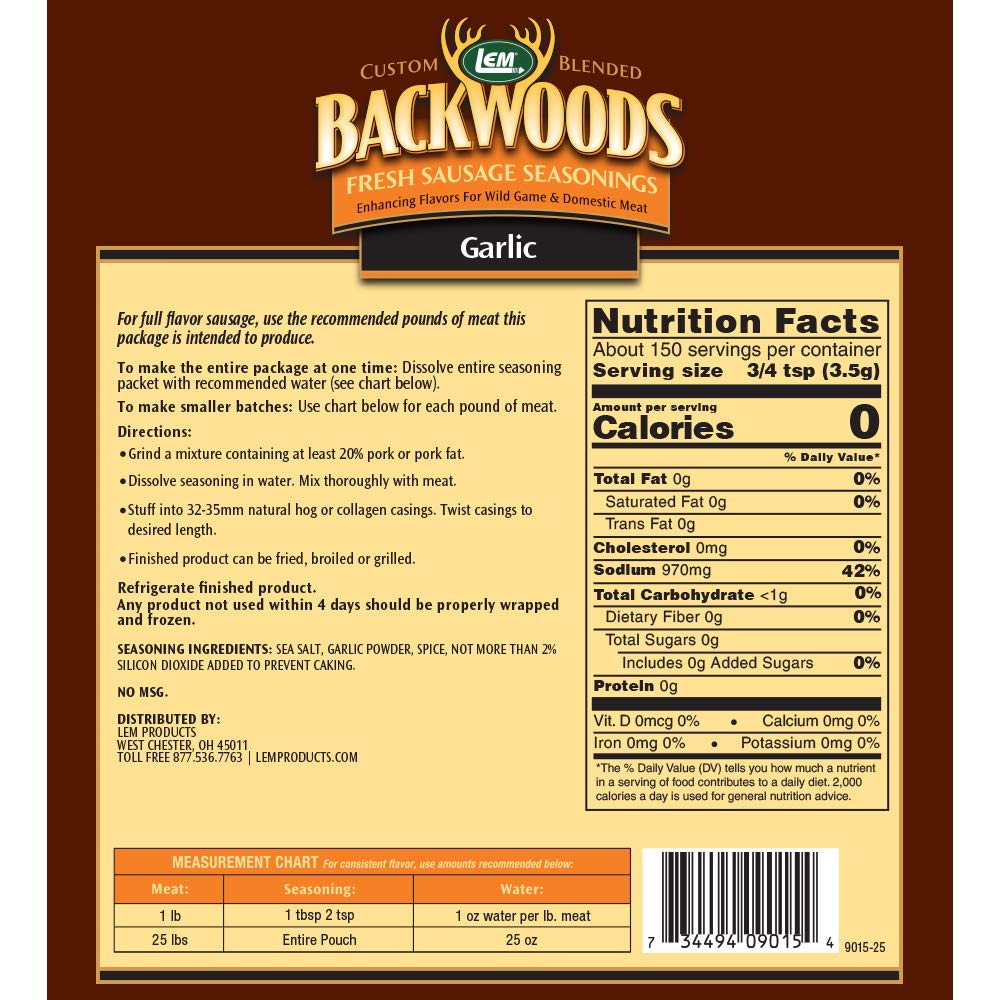 LEM Backwoods Garlic Fresh Sausage Seasoning, 400 Fl Oz, Model 9015