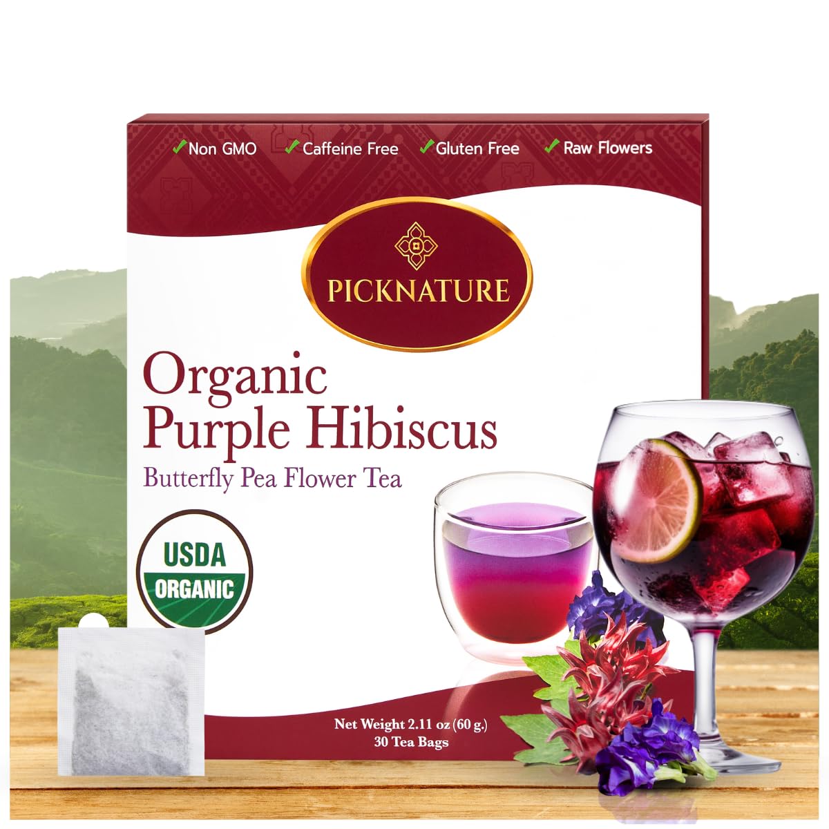 Picknature Purple Hibiscus Tea And Butterfly Pea Flower Tea Bag Leaf Freshly Picked From Thailand | 30 Tea Bags (100+ Cups) | He