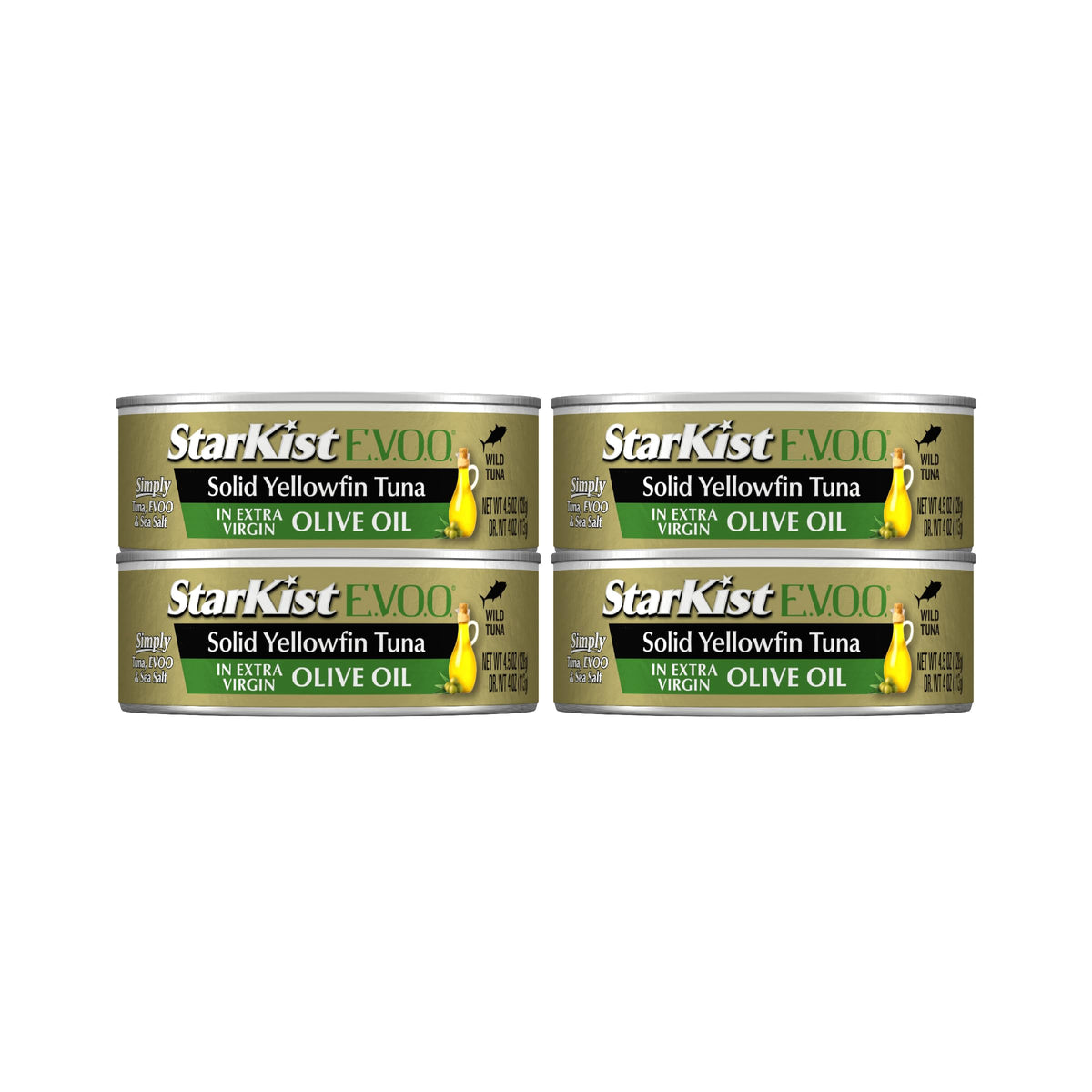 StarKist E.V.O.O. Solid Yellowfin Tuna in Extra Virgin Olive Oil, 4.5 oz (4 Pack) Canned Tuna Fish, Wild Caught, Gluten Free, Re