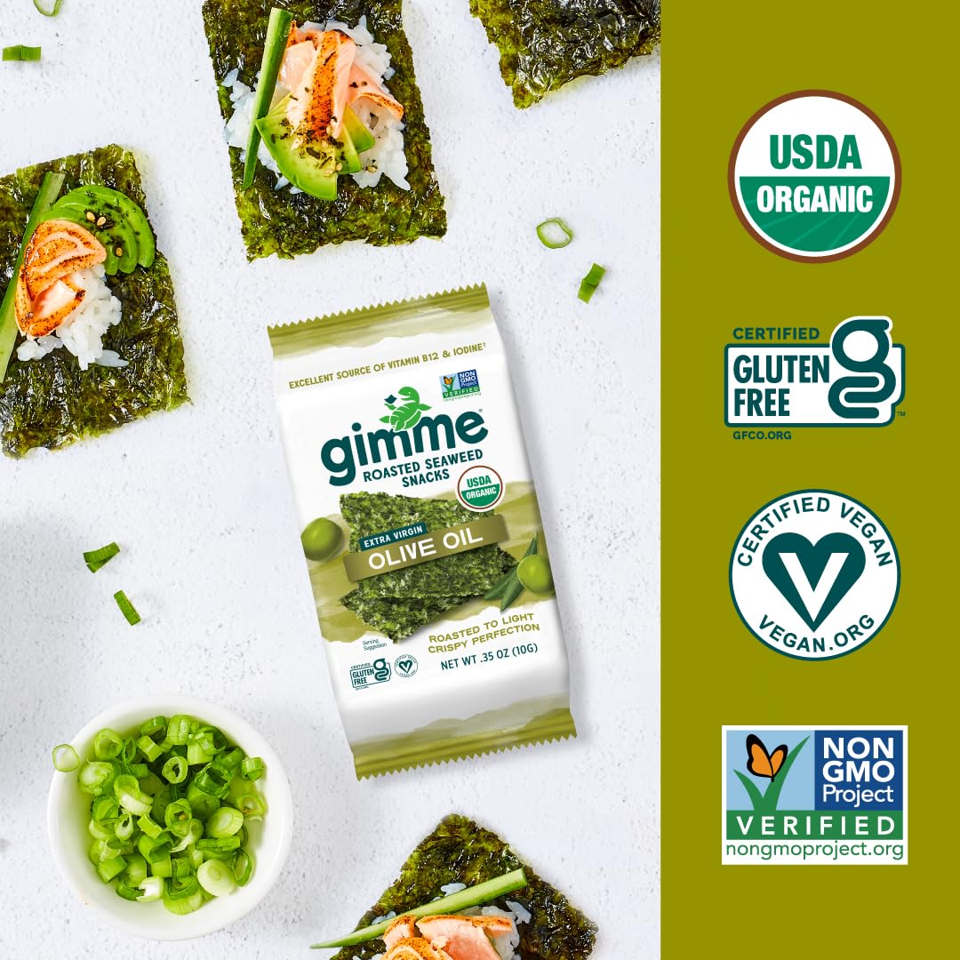 gimMe Organic Roasted Sea  Snacks, Extra Virgin Olive Oil, Keto, Vegan, Gluten-Free, 12 Count