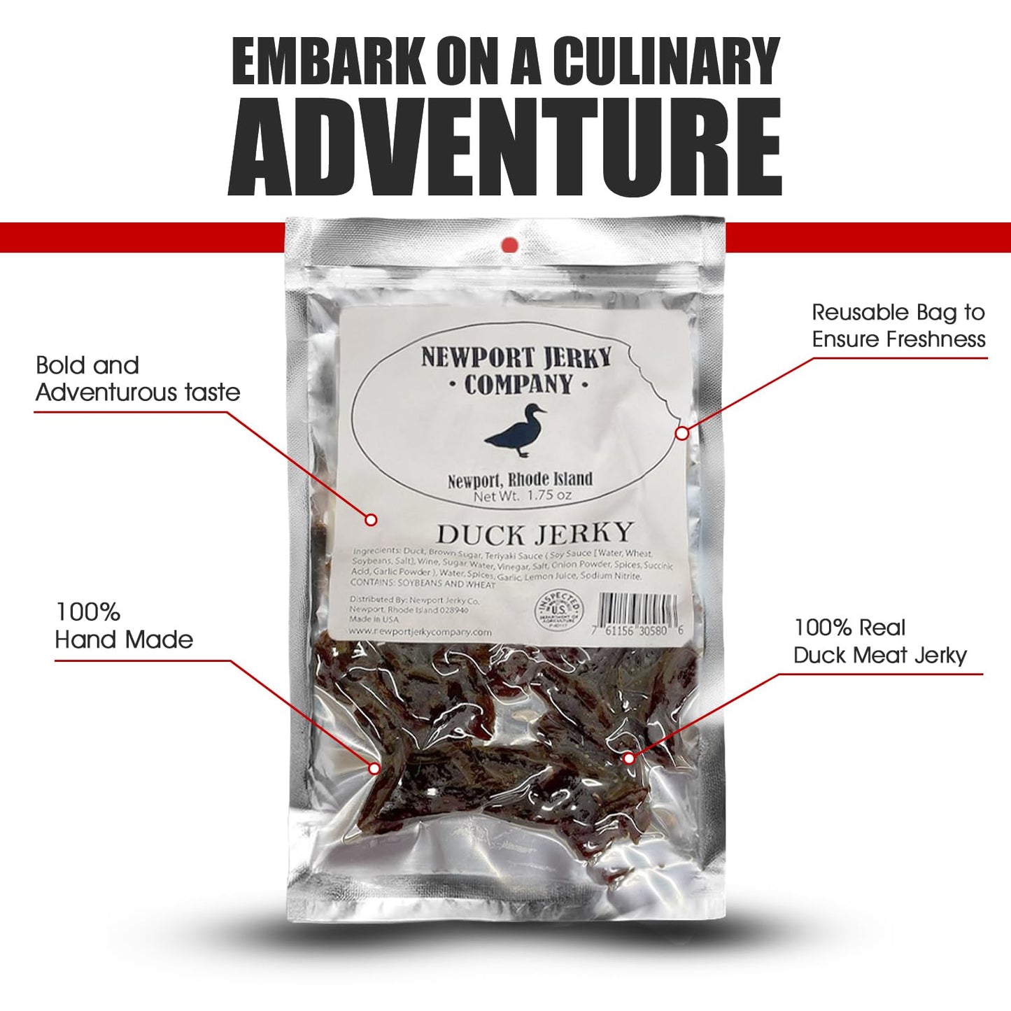 Newport Jerky Company Duck Jerky - 1.75 Ounce Pack, High-Quality Snack, Tender and Flavorful