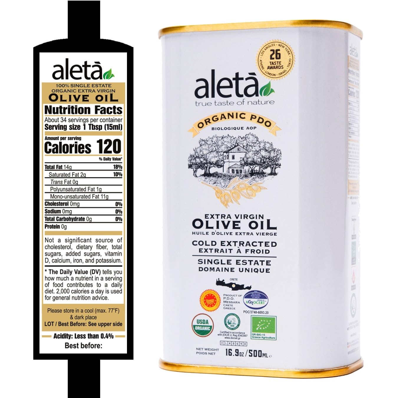 Aleta Farms Extra Virgin Olive Oil, USDA Organic, Cold Pressed, 16.9 Fl Oz (Pack of 2)