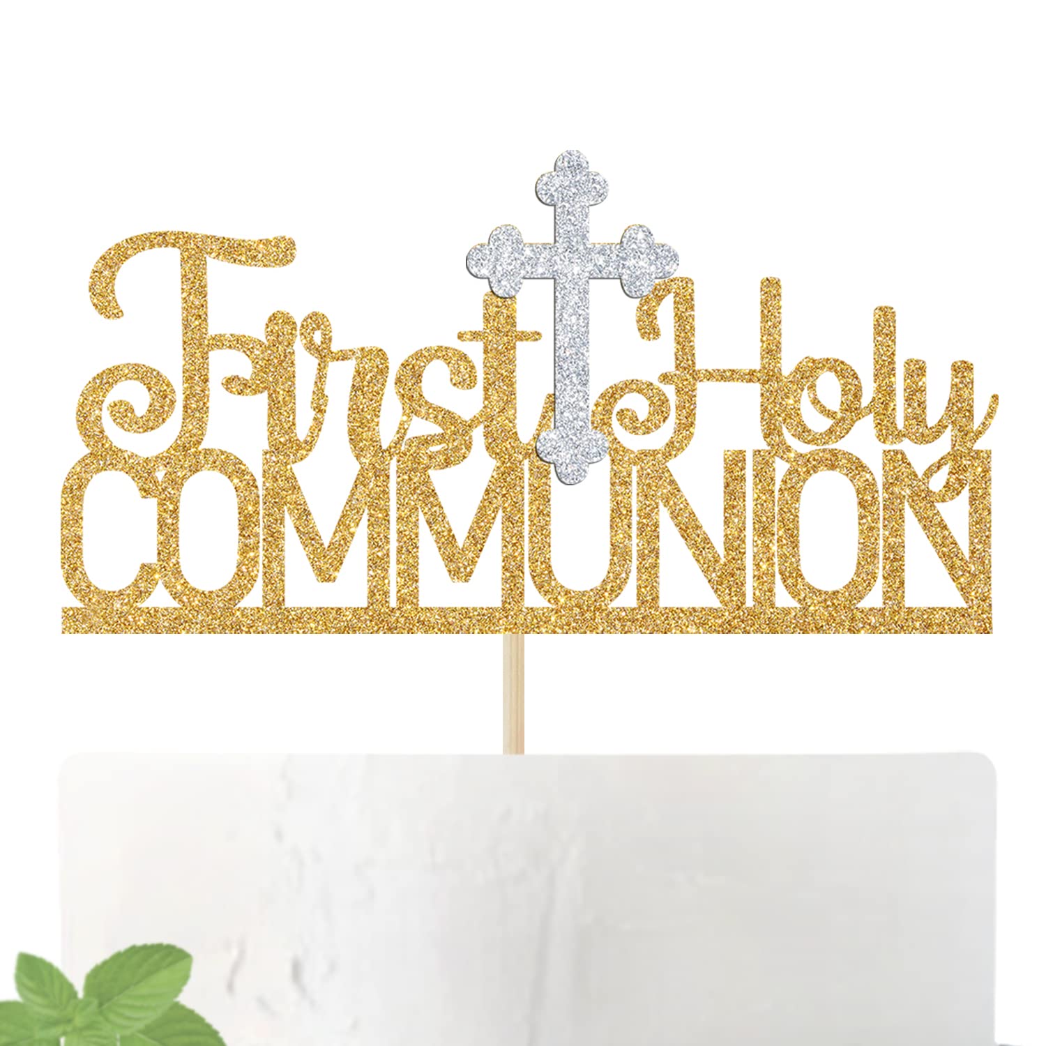 OASISGUEST First Communion Cake Topper, Gold Glitter, 2.76 x 0.04, Baptism Decoration for Kids, Baby Shower, First Birthday