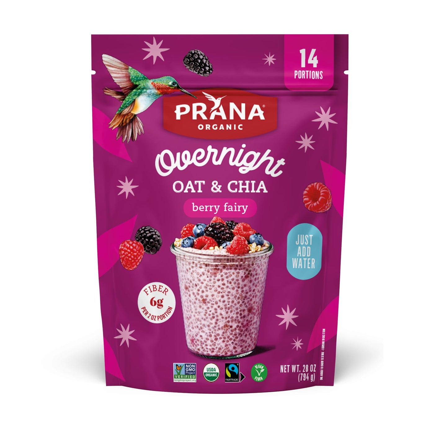 Prana Organic Overnight Chia with Oats Berry Fairy | Rich in Fiber & Protein, Vegan, NonGMO | Ready to Eat Breakfast  28 oz Ba