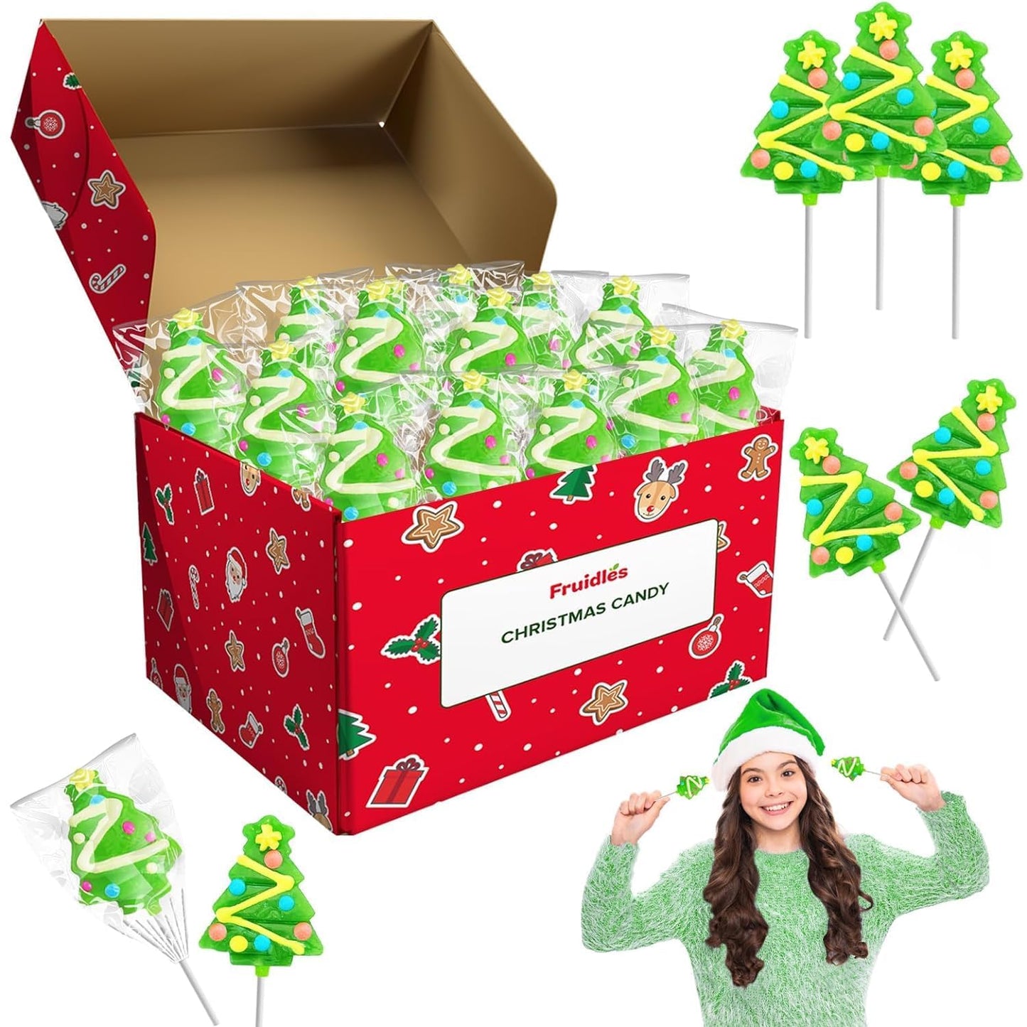Fruidles Christmas Tree Lollipop, Mixed Fruit Flavor, 24 Count, Multi Color, Individually Wrapped