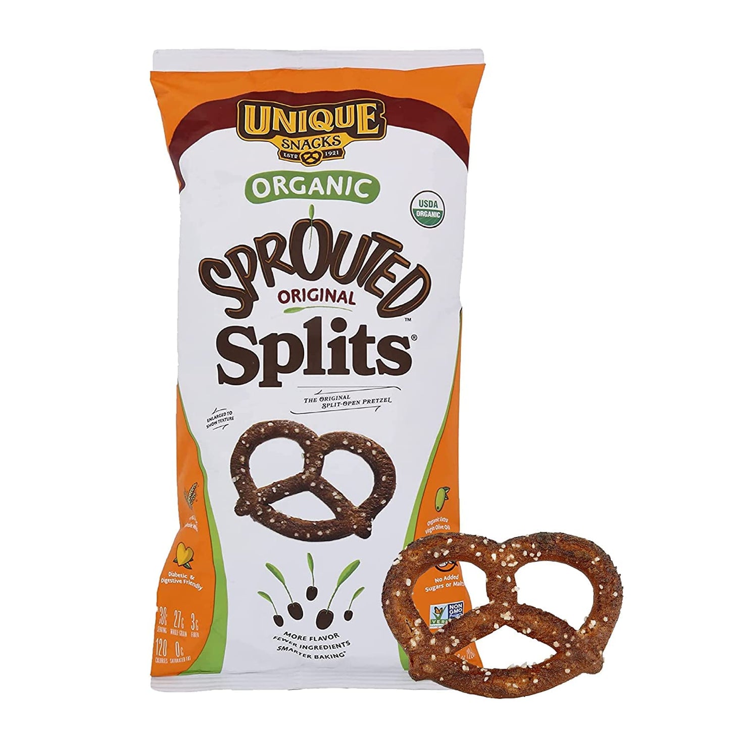 Unique Snacks Sprouted Splits Pretzels, Non-GMO, OU Kosher, 8 Oz. Bag, Pack of 3