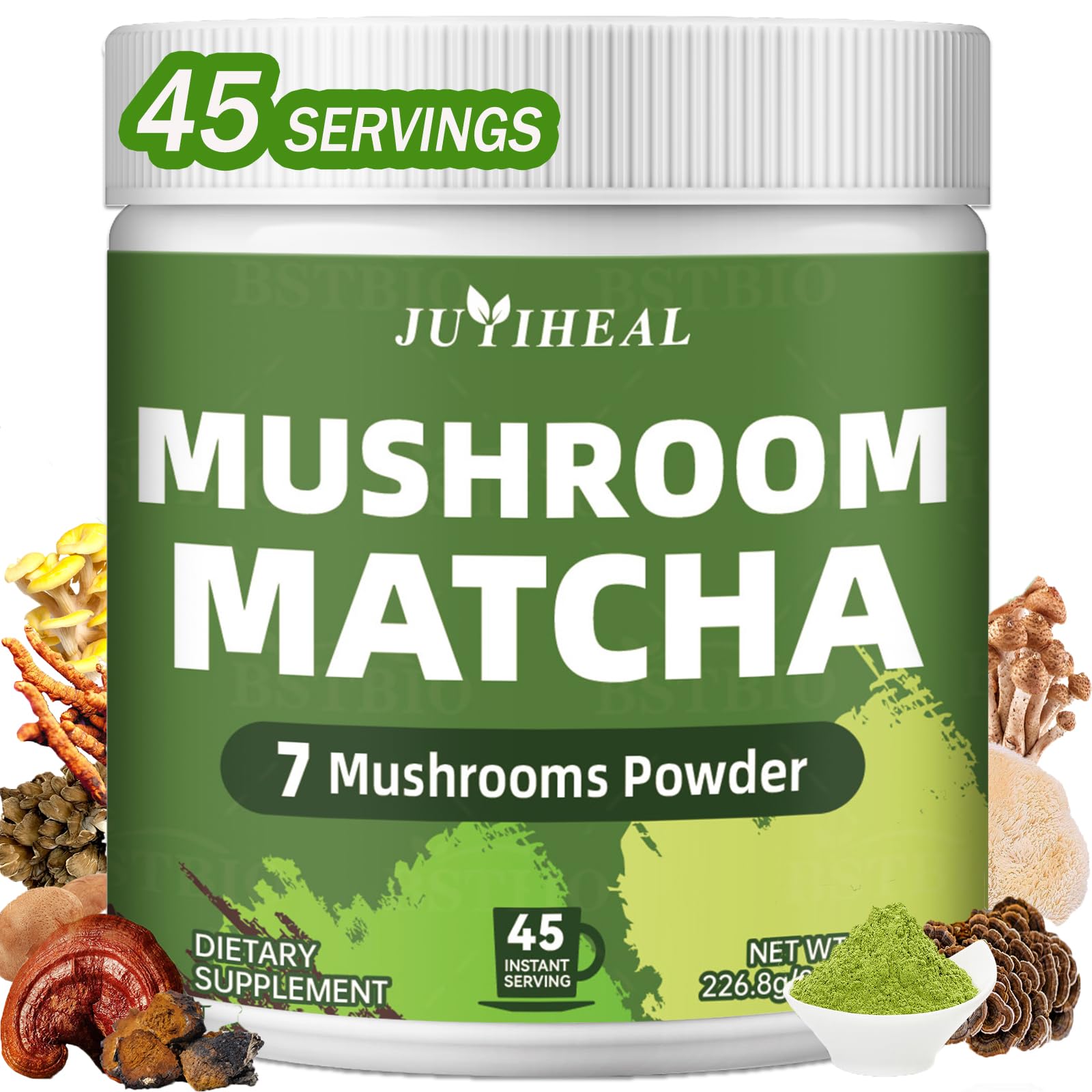 Juyiheal Mushroom Matcha 8 Oz | Japanese Ceremonial Matcha Infused With 7 Superfood Mushrooms  Mct Oil  Coconut Milk Powder | Energy  Focus  Digestion  Immunity (45 Servings)