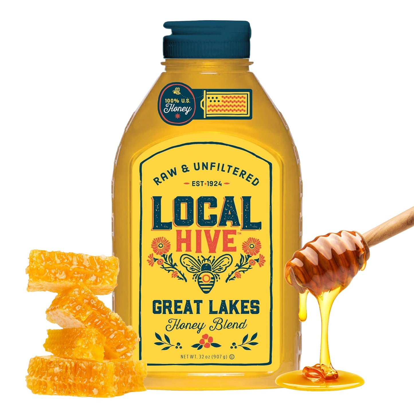 Local Hive Great Lakes Raw & Unfiltered - 32 Oz | 100% Pure U.S. Honey | Natural Sweetener Sourced From American Bees & Beekeepers | Light Silky Smooth Flavor | Ideal For Tea  Baking & Cooking