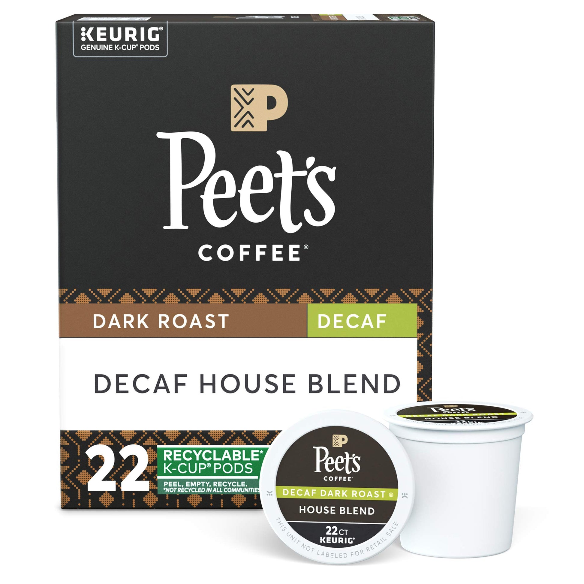 Peets Coffee Decaf House Blend K-Cup Pods, Dark Roast, 22 Count, Model 6544