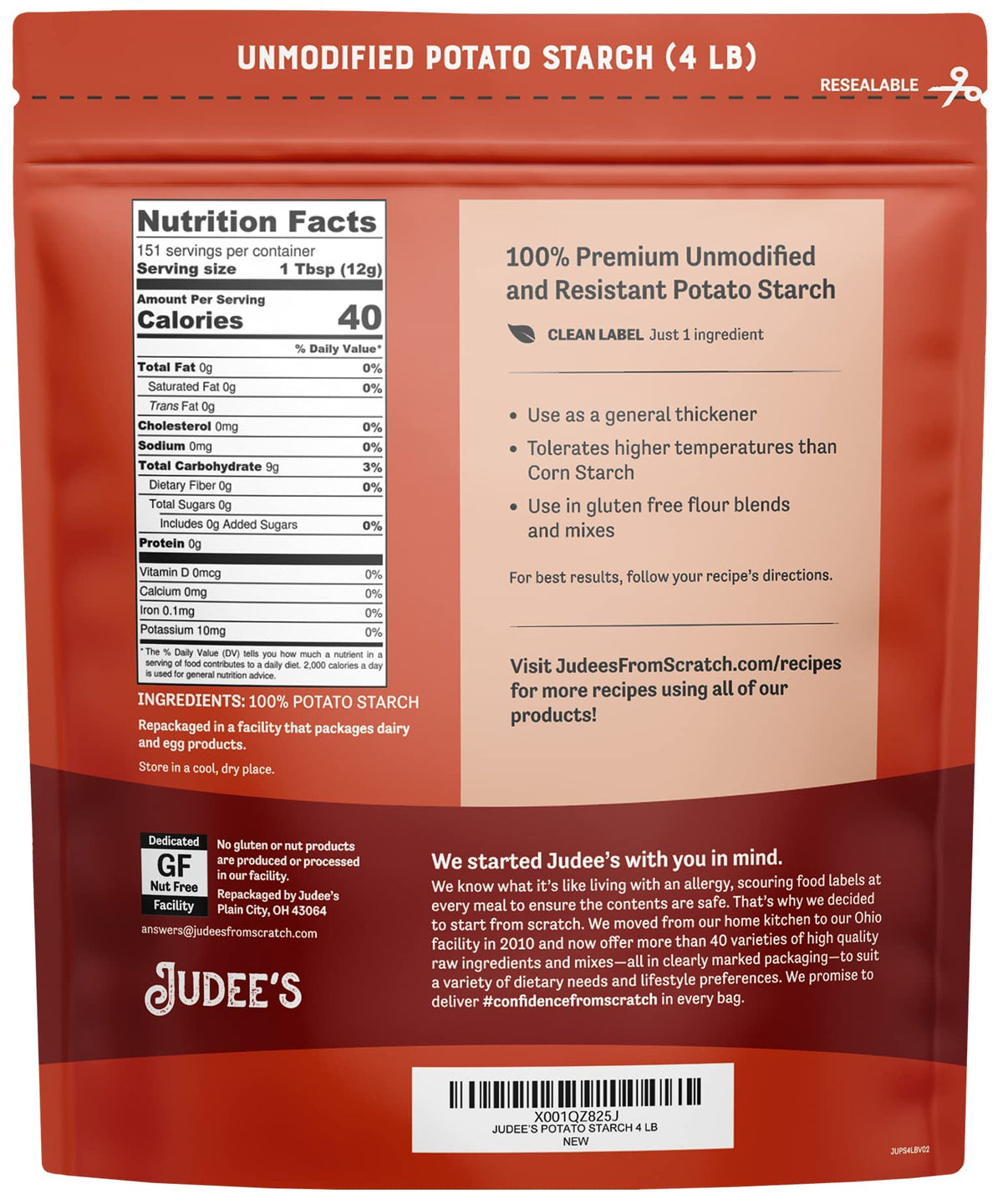 Judees Unmodified Potato Starch 4 lb - Just One Ingredient - Great for Breading, Thickening, Cooking, and Baking - 100% Non-GMO,