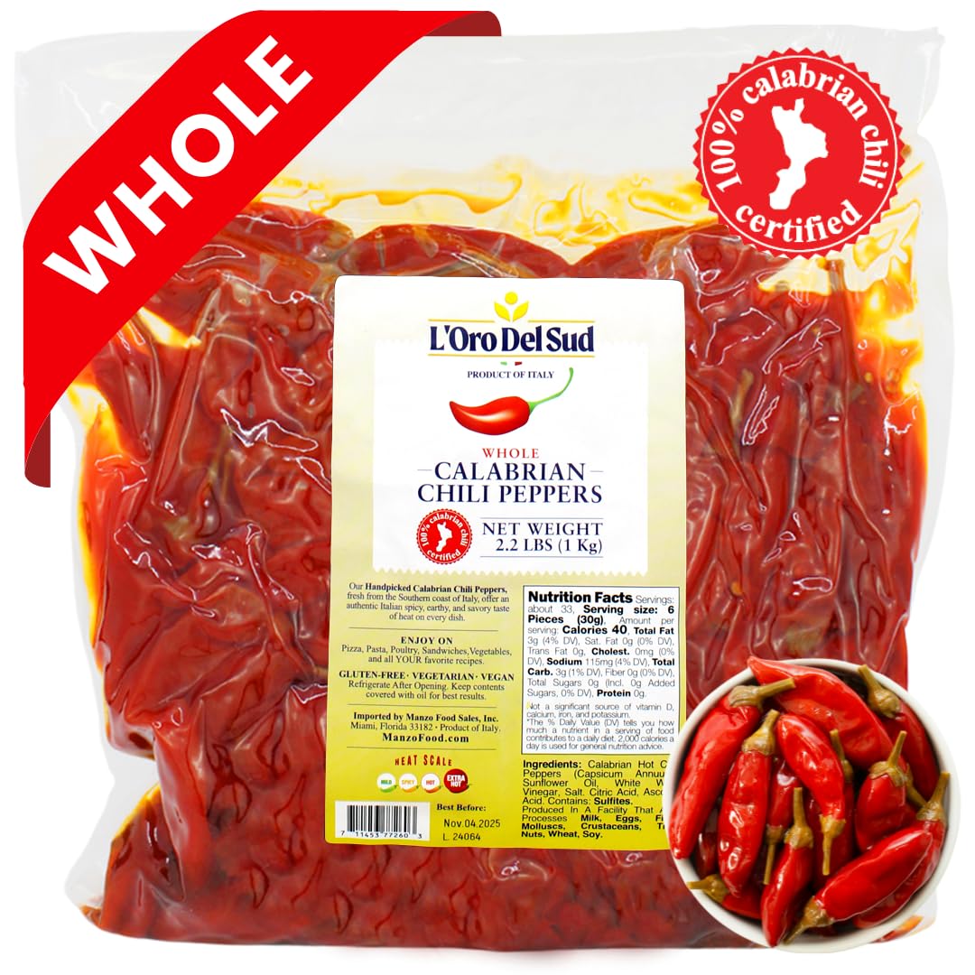 Whole Calabrian Chili Peppers In Oil, 2.2 Lb / 1 Kg (900 Gr Drained), 100% Certified Authentic, Cryovac, Authentic Chilies From