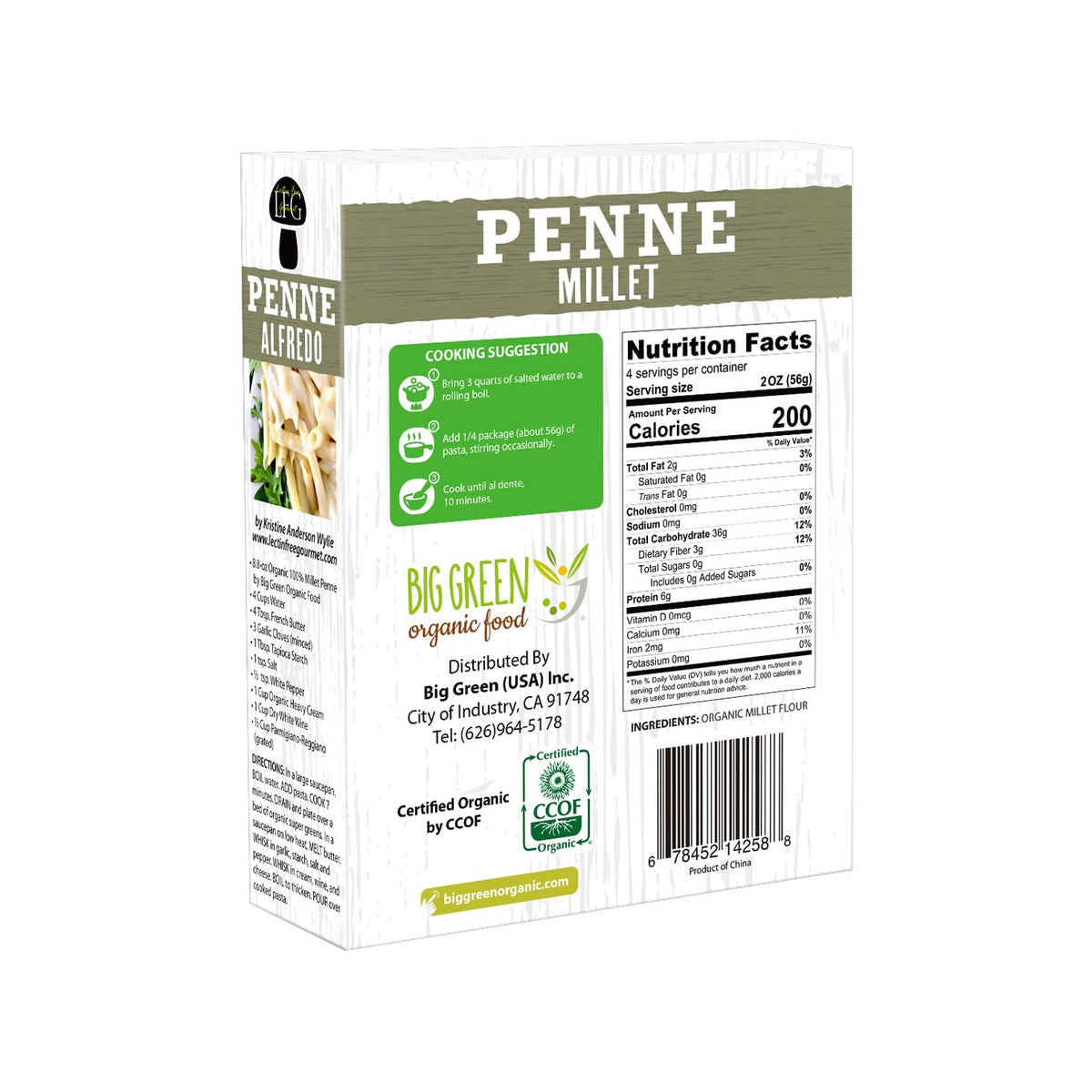 Big Green Organic Food- Organic Millet Penne, Gluten-Free, Lectin-Free, Non-GMO, Vegan, Wheat and Rice Alternative, 8.8oz (3)