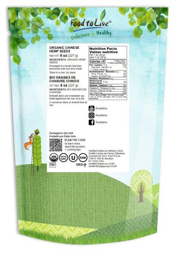 Food To Live Organic Hemp Seeds, 8 Ounces - Non-Gmo Raw Hearts, Hulled, Shelled, Kosher, Vegan, Bulk, Low Carb, Low Sodium, Good