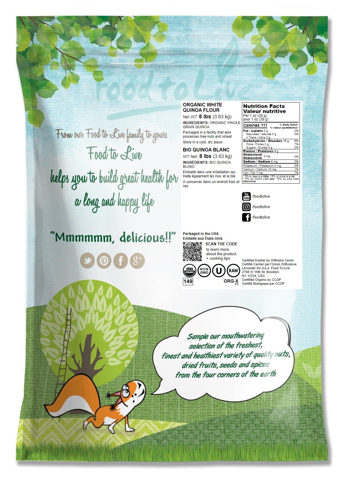 Food To Live Organic White Quinoa Flour, 8 Pounds - Non-Gmo, Fine Ground Whole Grains, Vegan Meal, Kosher, Bulk Powder. Good Sou