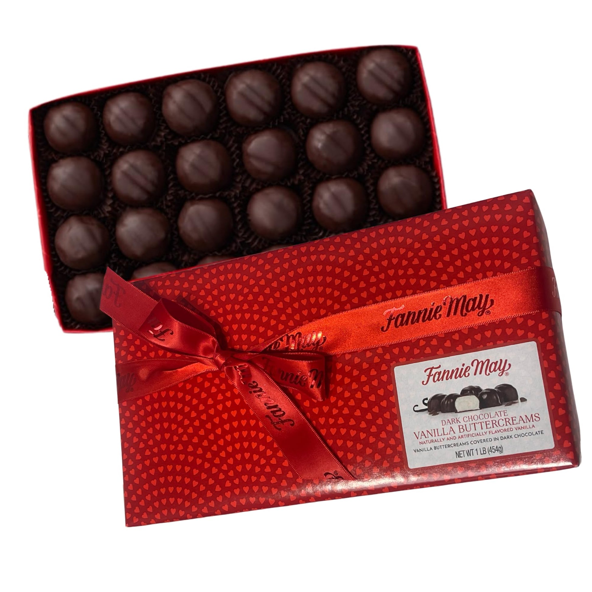 Fannie May Dark Chocolate Vanilla Buttercreams Gift Box, 1 lb, Signature Holiday Wrap Chocolate Candy