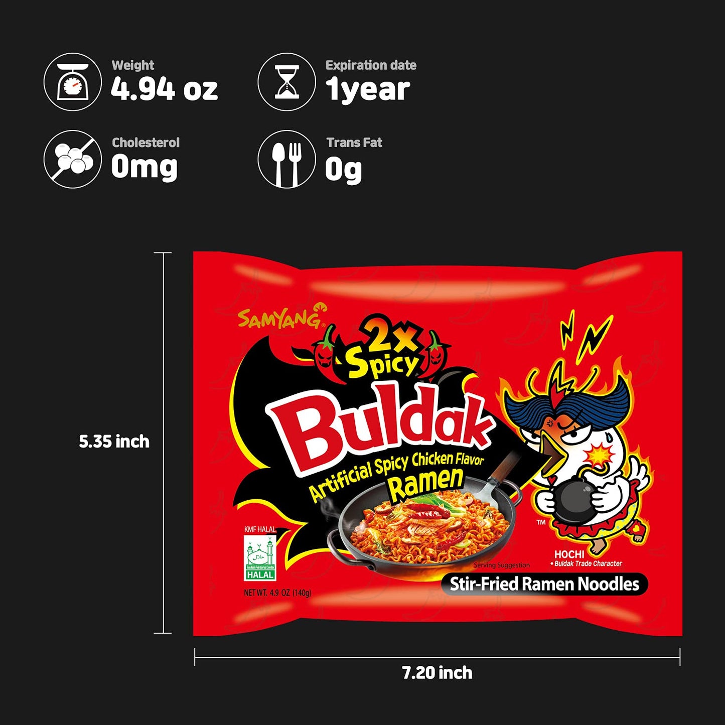 Samyang 2X Buldak (Korean) Hot Spicy Chicken Stir Fried Ramen 4.94 oz (Pack of 20)