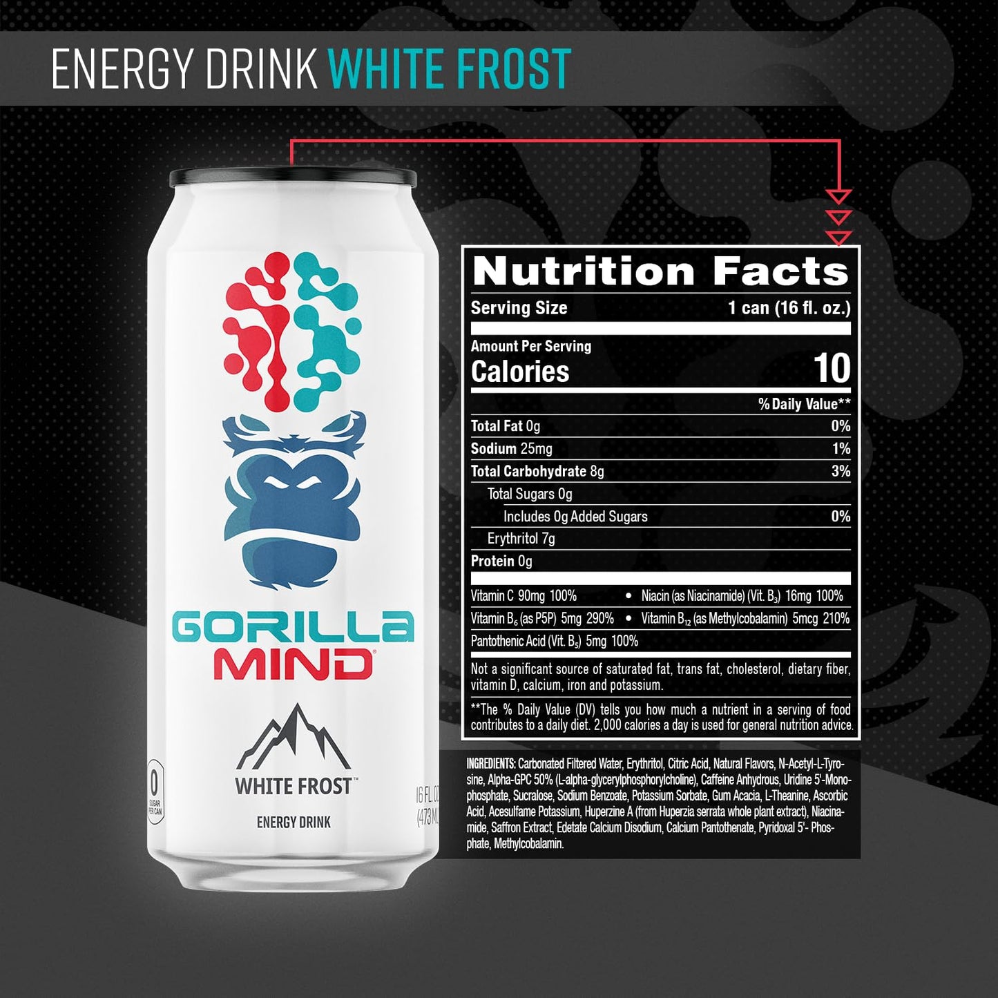 Gorilla Mind Energy Drink | Unmatched Energy  Amplified Focus | N-Acetyl-L-Tyrosine  Alpha-GPC  200mg Caffeine  Uridine  Saffron | 0 Sugar Or Artificial Colors | 16oz  12-Pack (Arctic White)