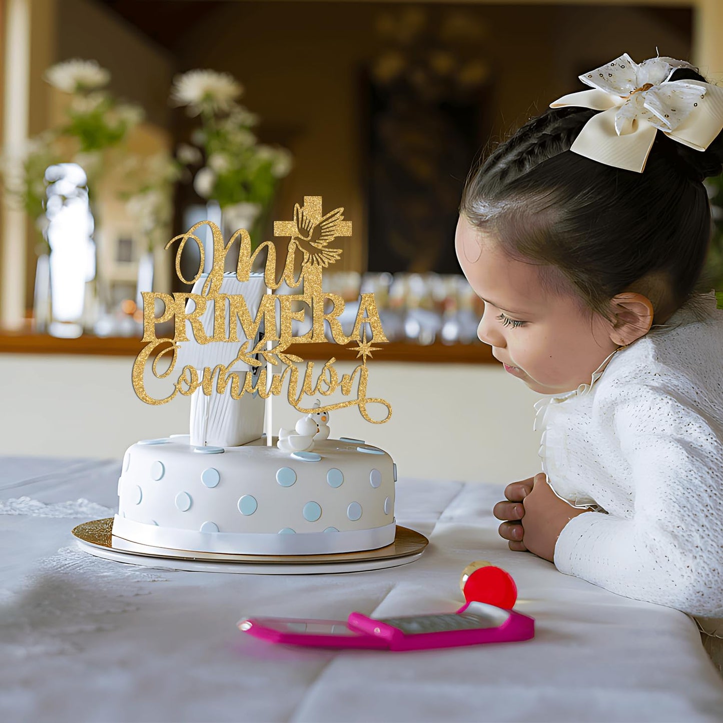 ZACHAKO Gold Glitter Cake Topper - Mi Primera Comunion, 5x5, Paper Decoration for Baptism/First Holy Communion, Baby Shower