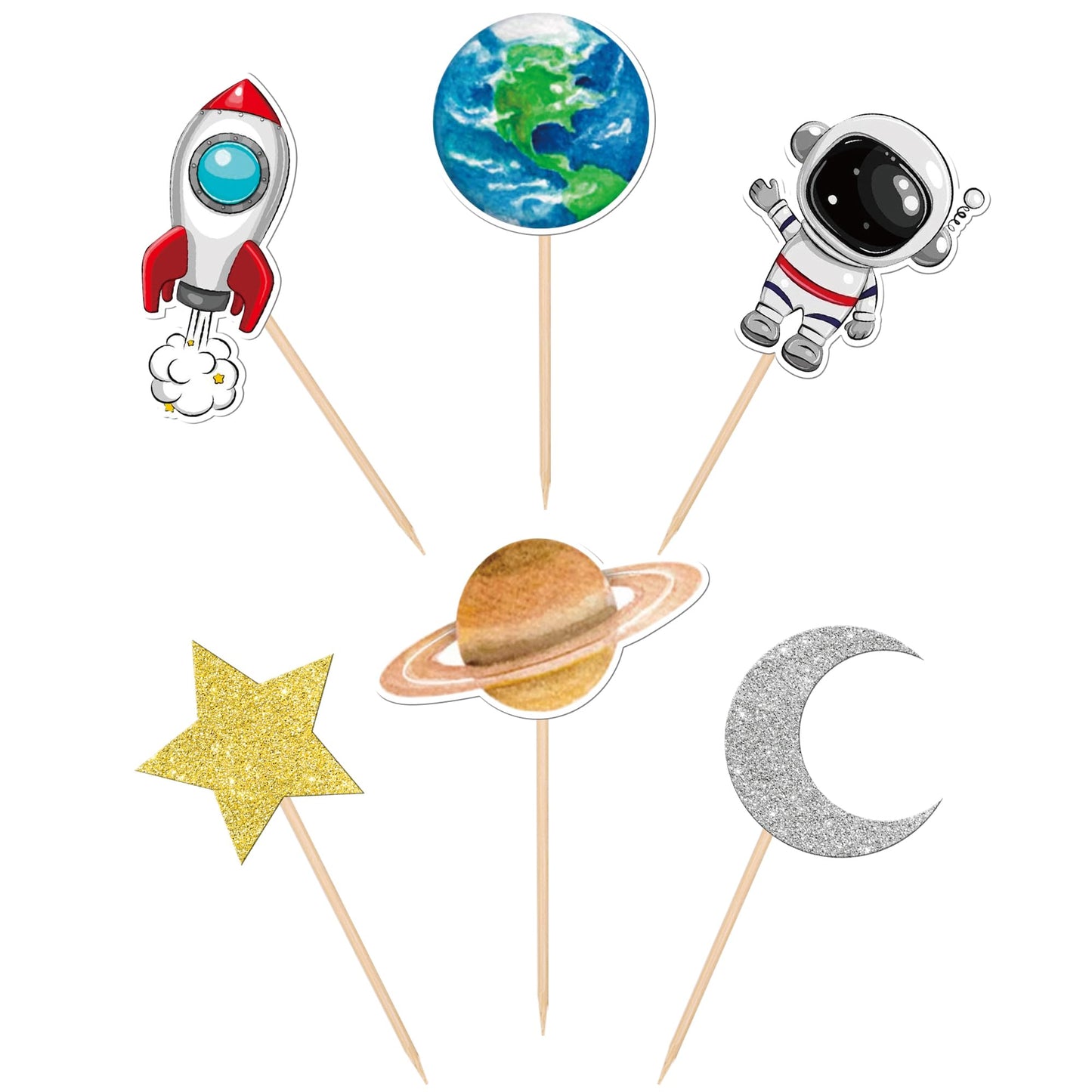 30 Pcs Outer Space Astronaut Cupcake Toppers Planet Rocket Trip To The Moon Star Cupcake Picks For Universe Outer Space Theme Ba
