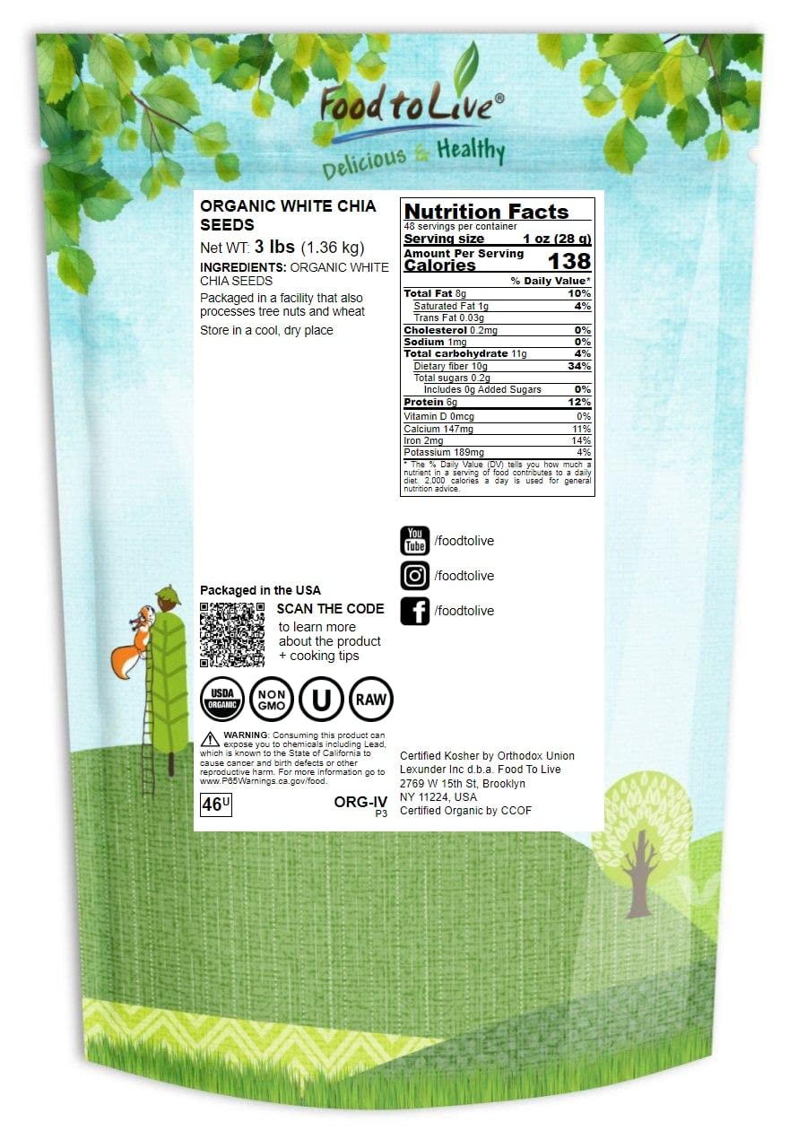 Food To Live Organic White Chia Seeds, 3 Pounds - Whole, Raw, Kosher, Keto, Sirtfood, Vegan, Bulk. Rich In Omega 3, Omega 6, Die