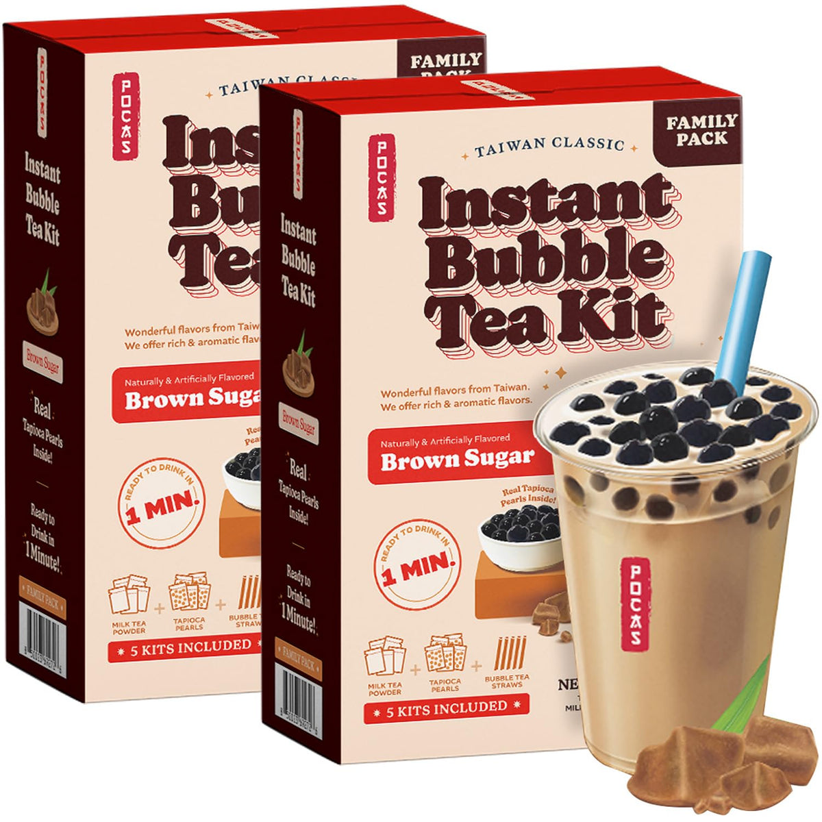 Pocas Bubble Tea Kit, Brown Sugar 2-Pack - Instant Milk Tea Powder with Authentic Tapioca Pearls for Instant Bubble Tea, 10 Kits