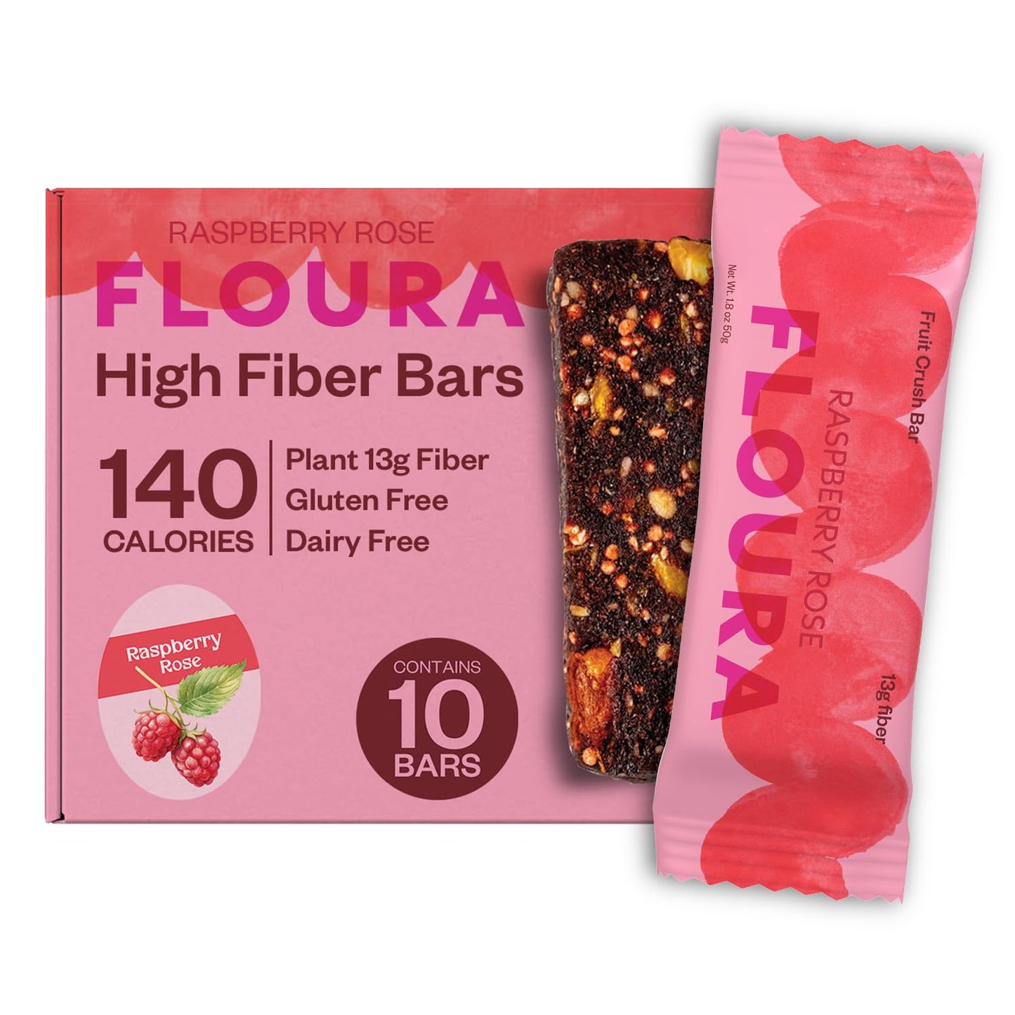 Floura Raspberry Rose Fruit-Forward Fiber Bars- High Fiber, Vegan, Gluten & Dairy Free, Low Calorie Healthy Snack Bars with Upcy