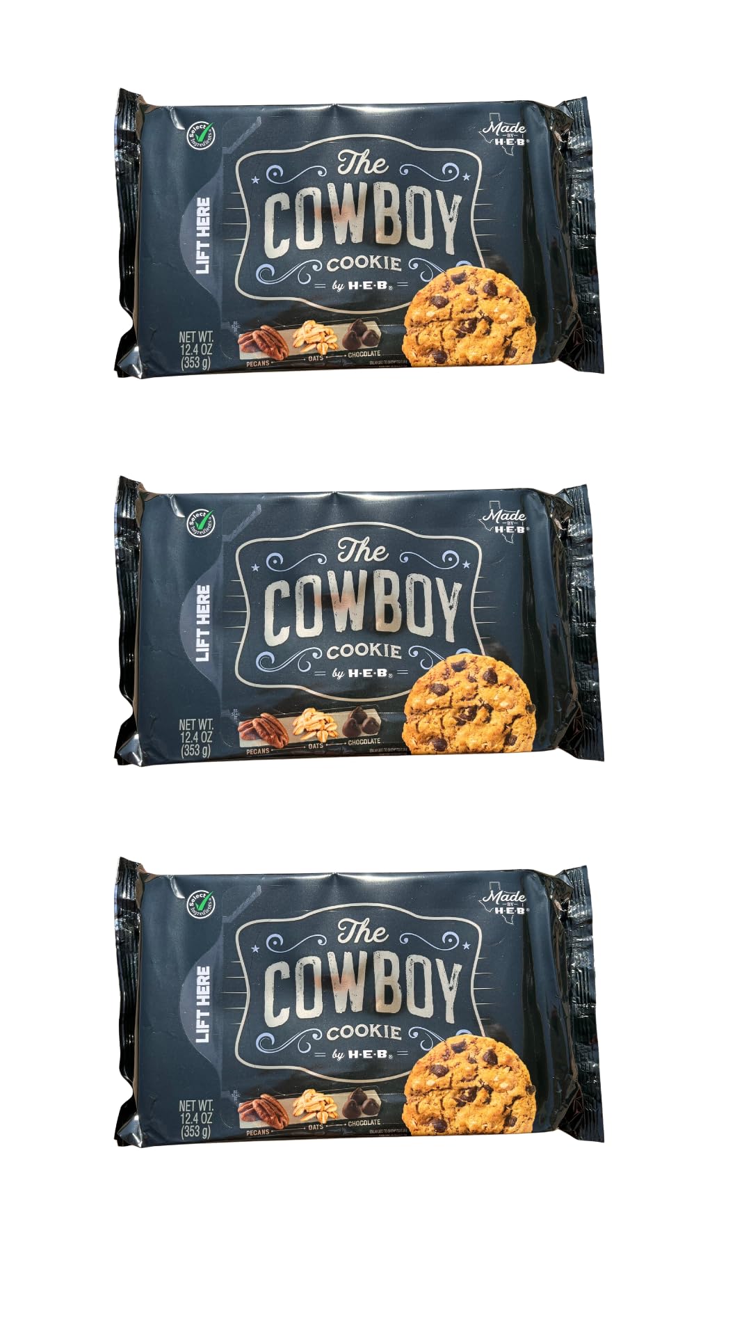 Cowboy Chocolate Chip Pecan Oat Cookies HEB 12.4 oz (Pack of 3)