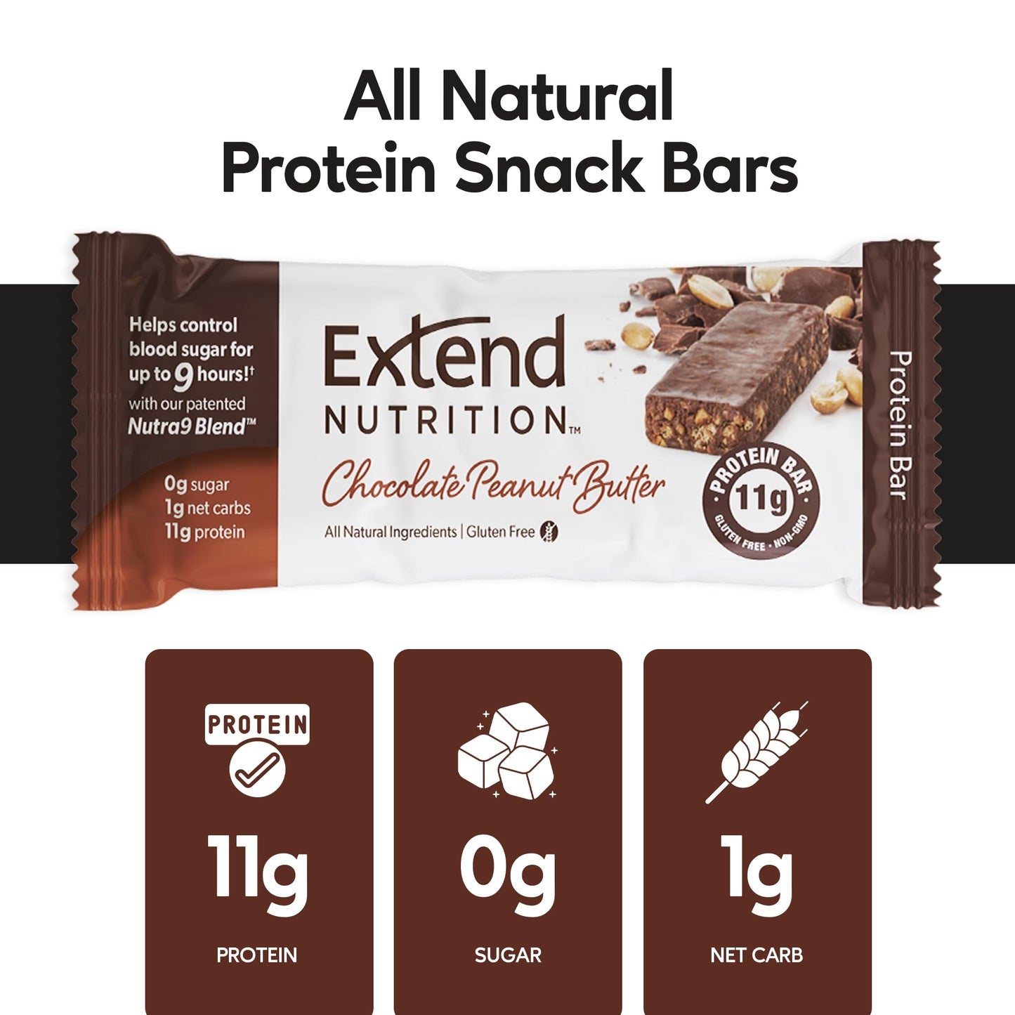 Extend Sugar Free Protein Bars, Perfect Diabetic Snacks, High Protein And Fiber, Hunger Control & Steady Energy, Low Carb, Keto Friendly (12 Count, Chocolate Peanut Butter)