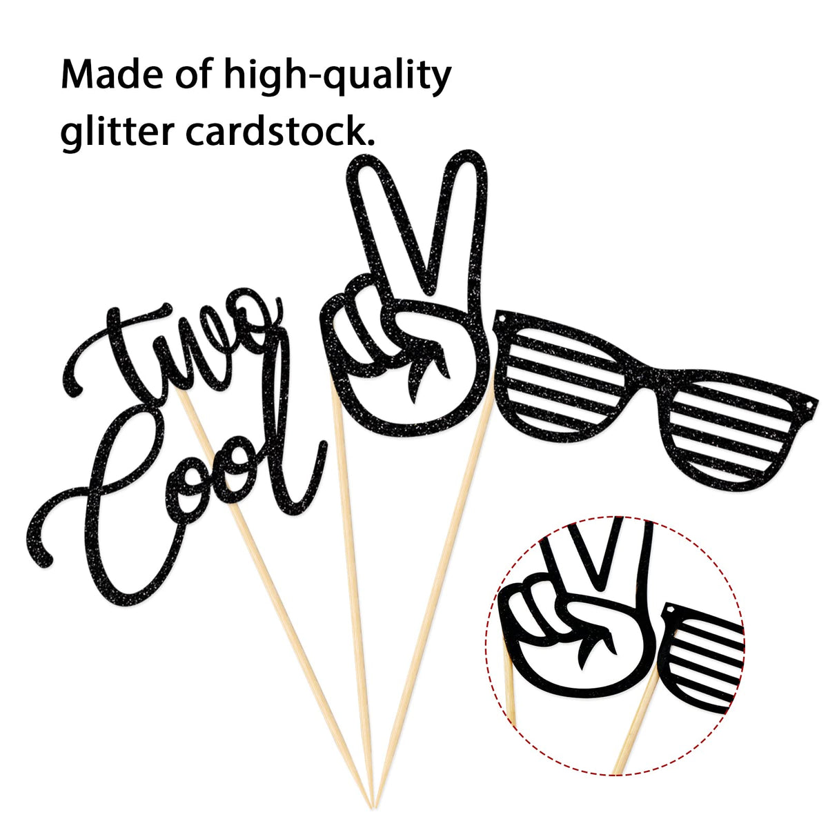 Two Cool Cupcake Toppers, Boy Second Birthday Party, 2Nd Birthday Party Decorations, Glitter Black, 24 Pcs