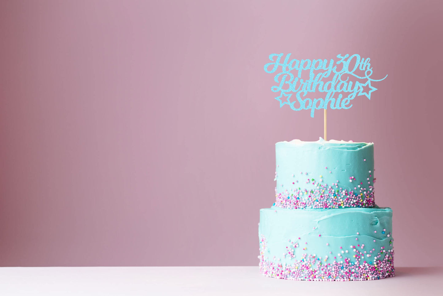 Personalized Happy Birthday Cake Topper Customized With Any Age Name Party Cake Decoration 16 18 21 40 60 Double Sided Glitter Card Baby Pink