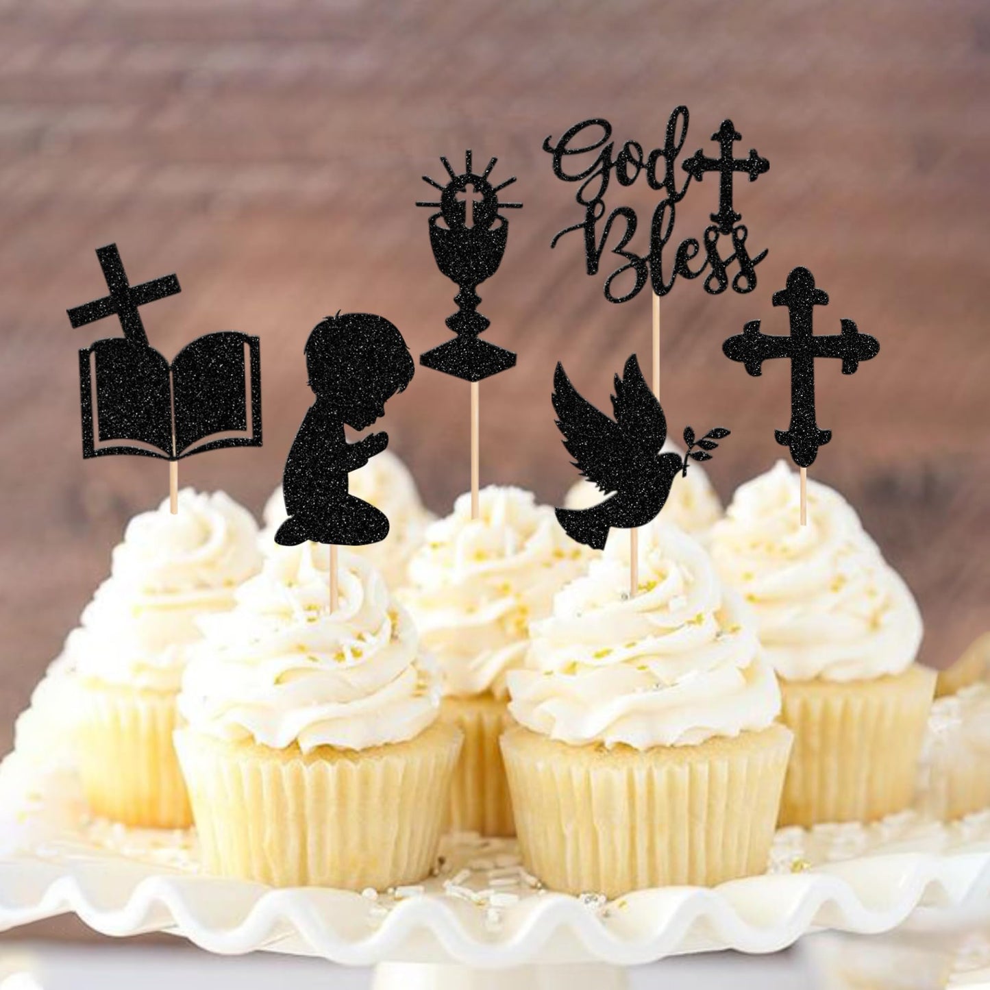 ZHUOWEISM 24 PCS Cupcake Toppers Glitter Dove Cross Boy Baptism Party Decorations Small Black Bamboo