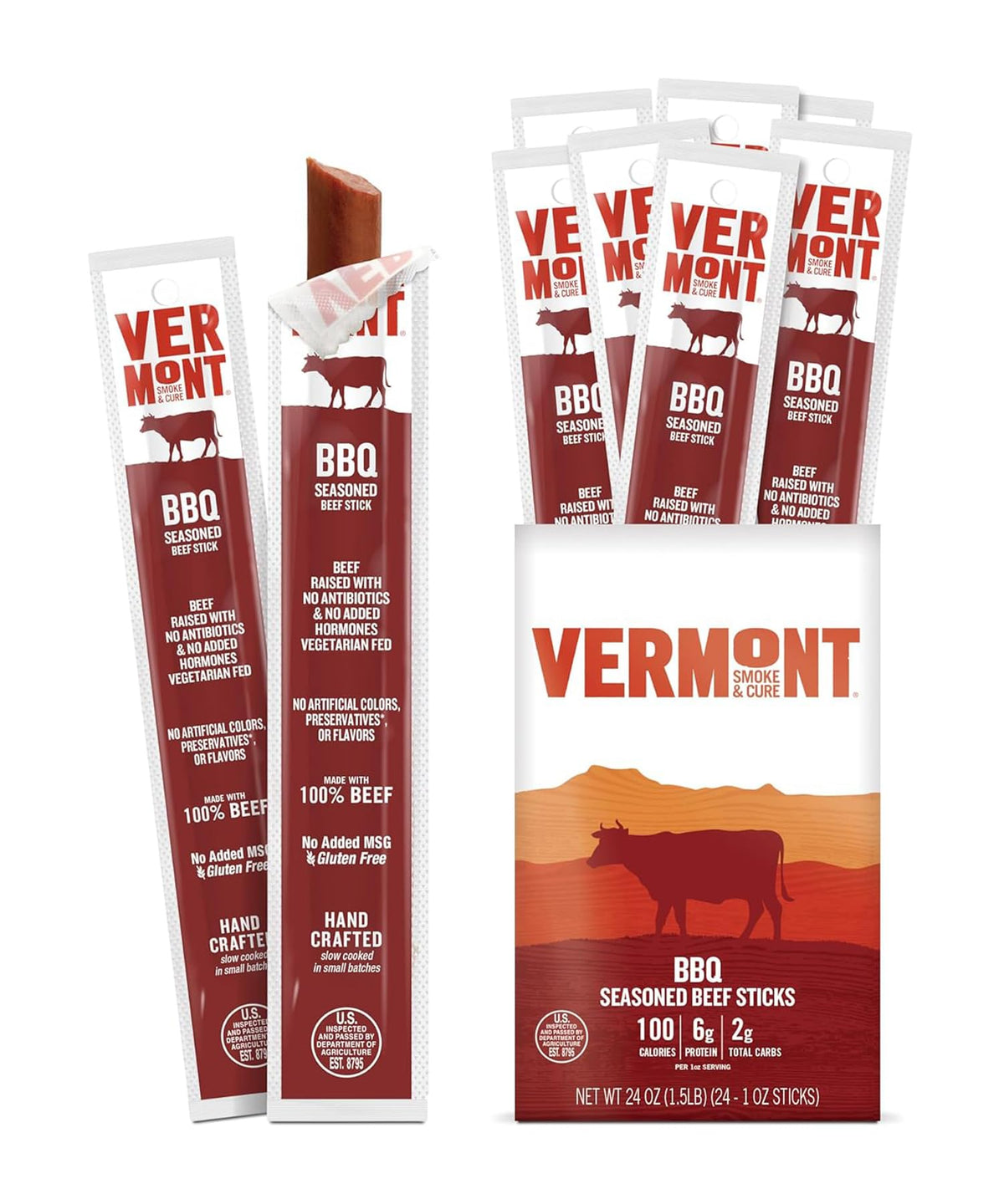 Snack Sticks By Vermont Smoke & Cure - Bbq Seasoned - Beef - Healthy Meat Protein - 1Oz Jerky Stick - 24 Count Carton