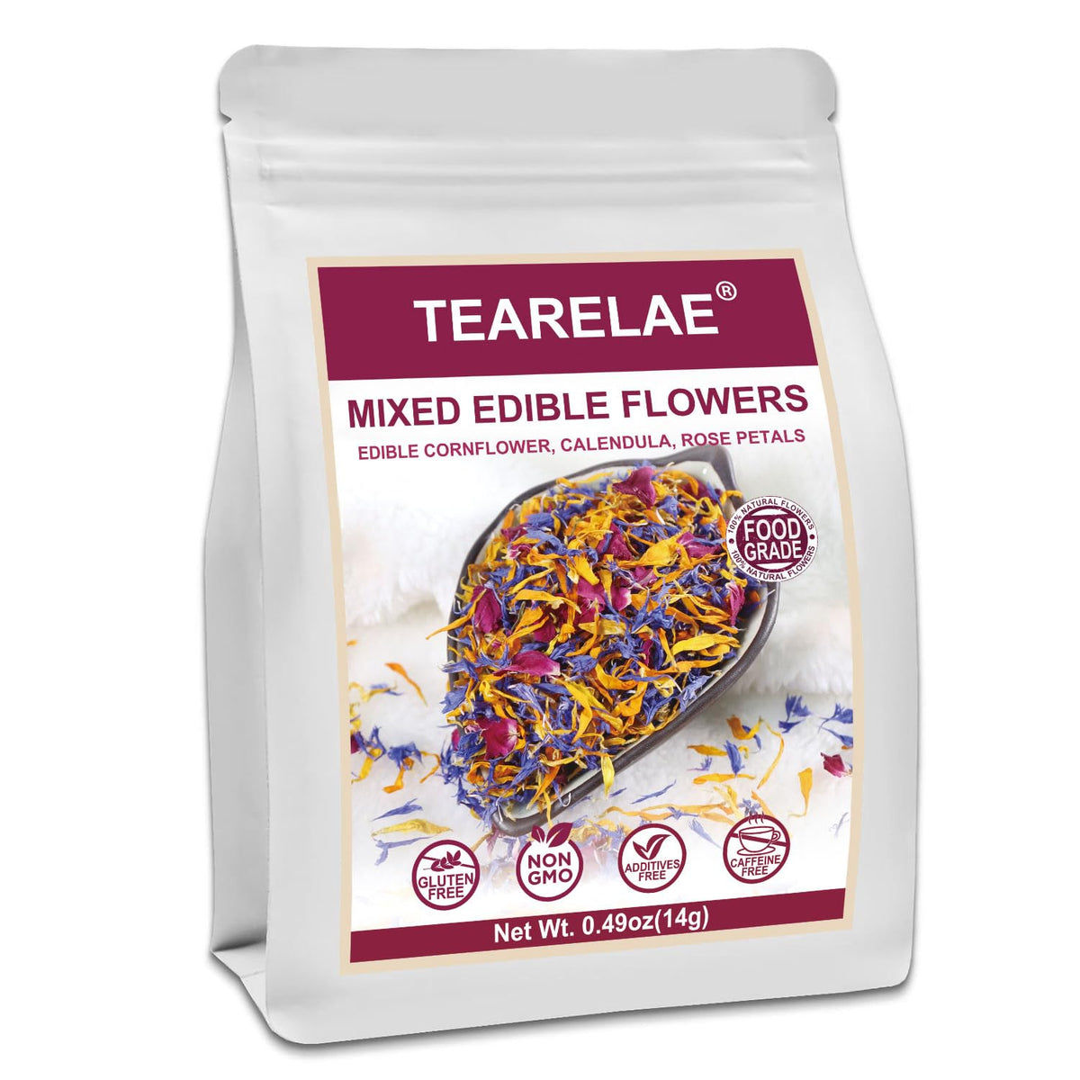 Tearelae - Mixed Edible Flowers - Top-Grade Rose  Cornflower  And Calendula Petals - Edible Cake Decorations - Pure Natural - Energy Blend-Free - For Drink  Tea  Salad And Soap - 0.49Oz/14G