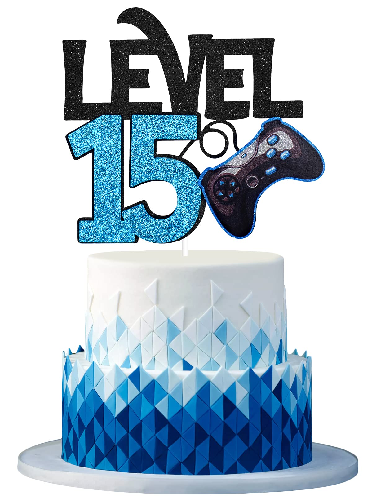 Caiwowo Level 15 Game Birthday Cake Topper - Paper Decoration for Boys 15th Birthday - Blue, Black Gaming Party Supplies