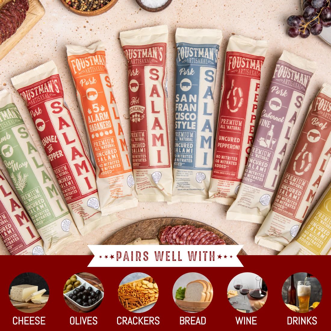 Foustmans Salami Pork Fennel and Pepper Artisanal, Nitrate-Free, Naturally Cured, Gluten-Free, Dairy-Free, Pack of 6, 8 Oz Each