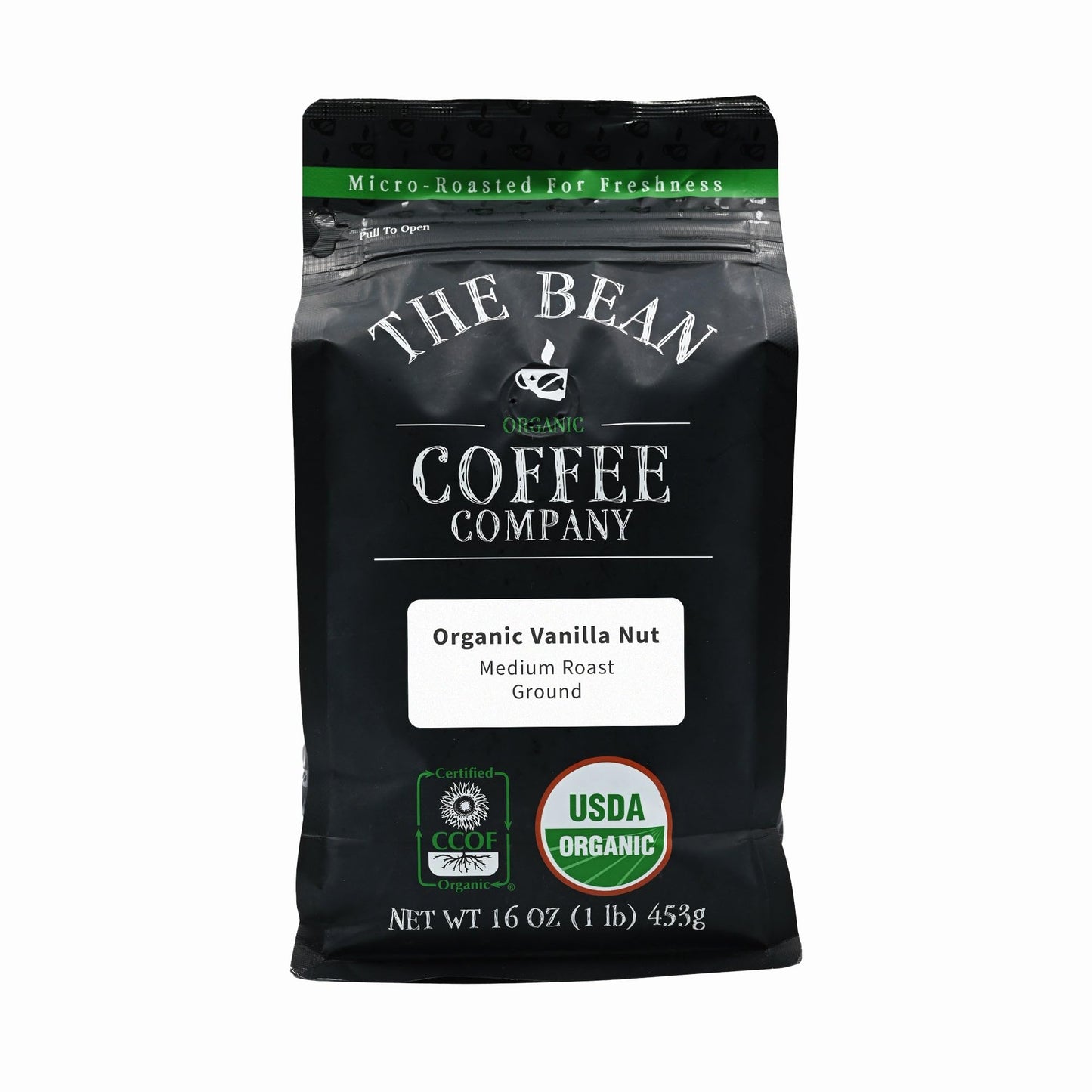 The Bean Organic Coffee Company Vanilla Nut, Medium Roast, Ground Coffee, 16-Ounce Bag,Café Molido Tostado Organico
