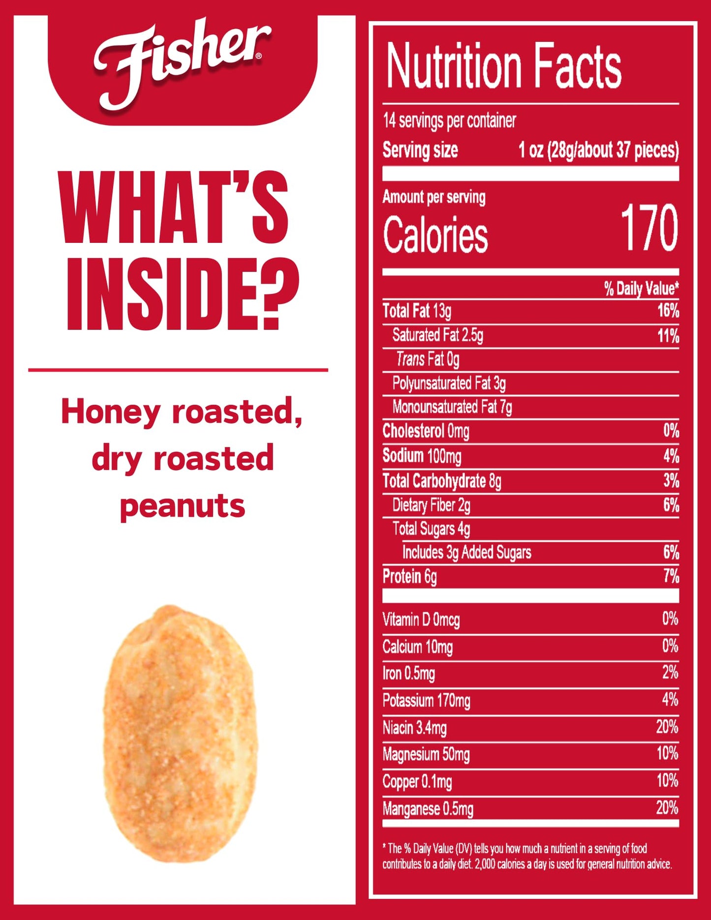 Fisher Snack Honey Roasted Dry Roasted Peanuts, 14 Ounces, Made With Real Honey, 100% Recyclable