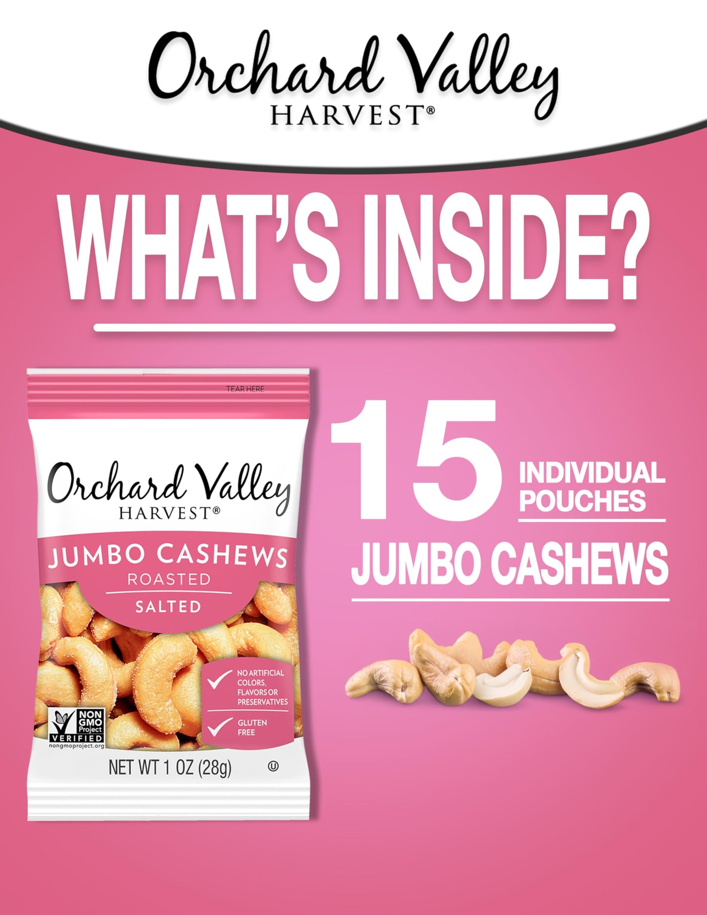 Orchard Valley Harvest Jumbo Cashews, 1 oz Bags (Pack of 15), Whole Roasted Salted Cashews, Gluten Free, No Artificial Colors, F